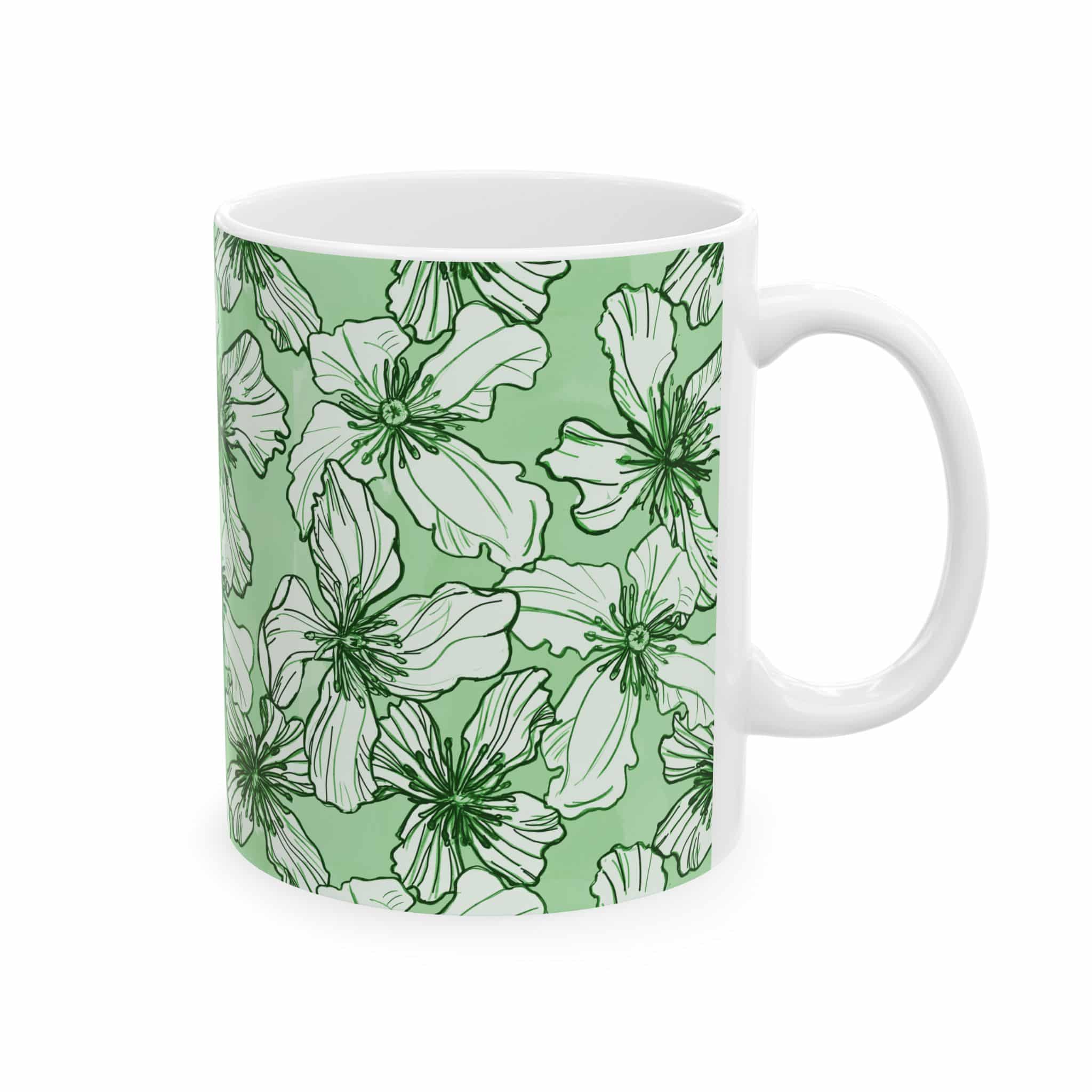 Green Floral Ceramic Mug — Hand-Drawn White Blossoms on Sage (11oz & 15oz) - Image 2