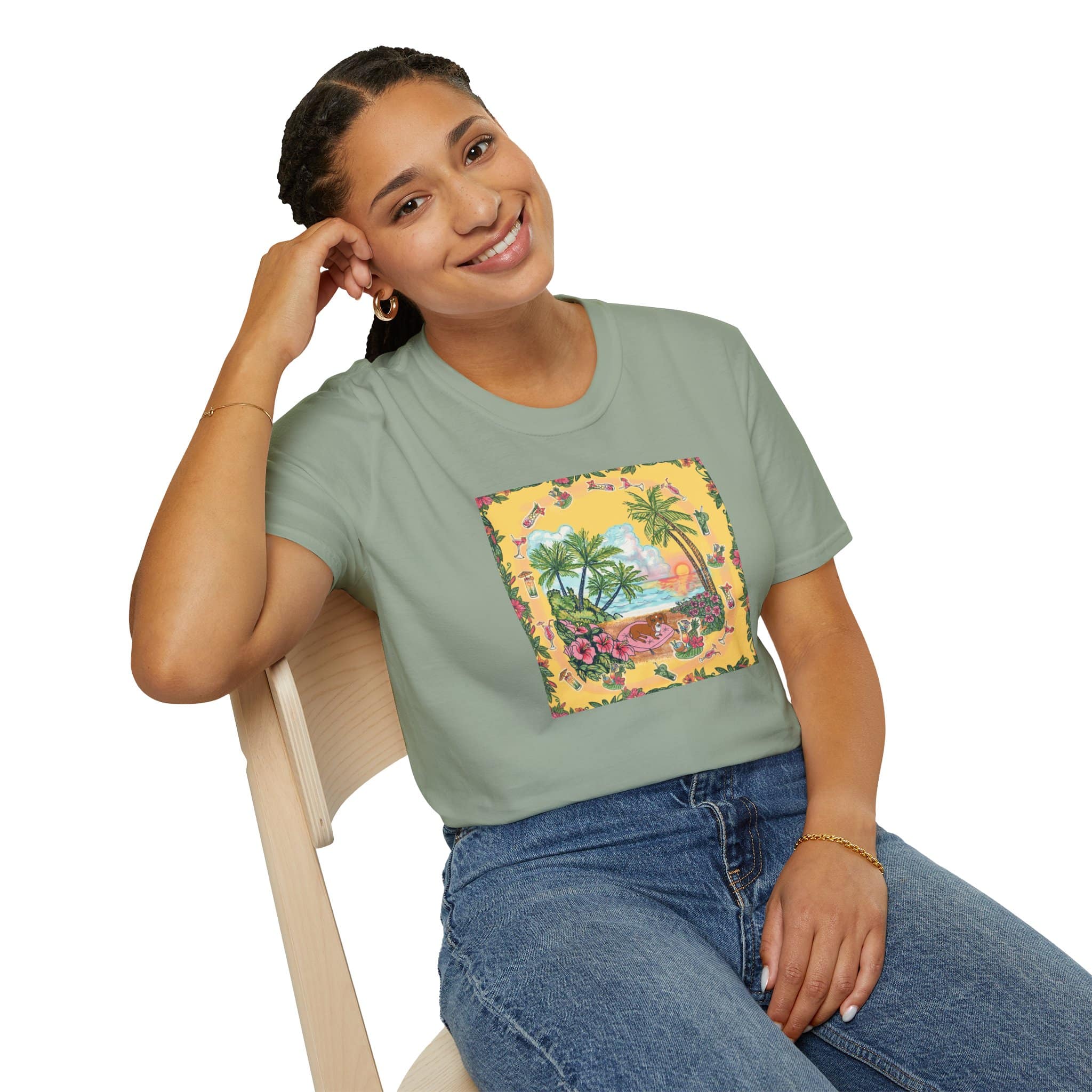 Girl Dachshund on a Tropical Sunset Beach T-Shirt — Vintage Beach Floral Graphic - Image 16