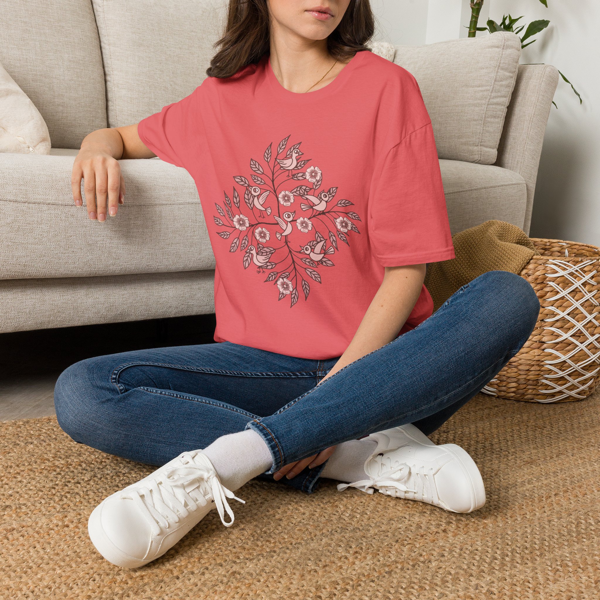 Floral Bird Branch T‑Shirt — Vintage Rose Botanical Graphic Tee - Image 13