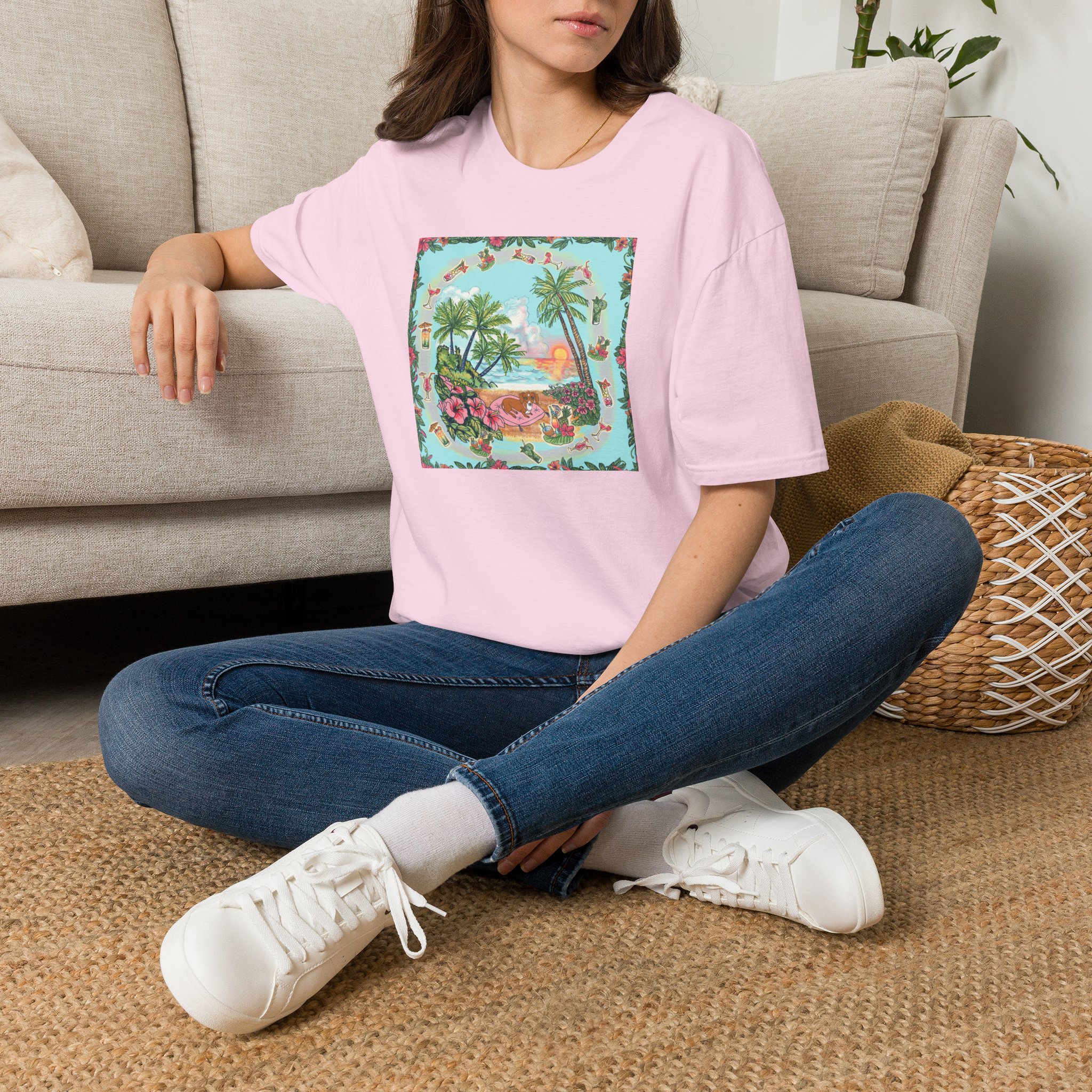 Dachshund on a Tropical Sunset Beach T-Shirt — Vintage Beach Floral Graphic - Image 5