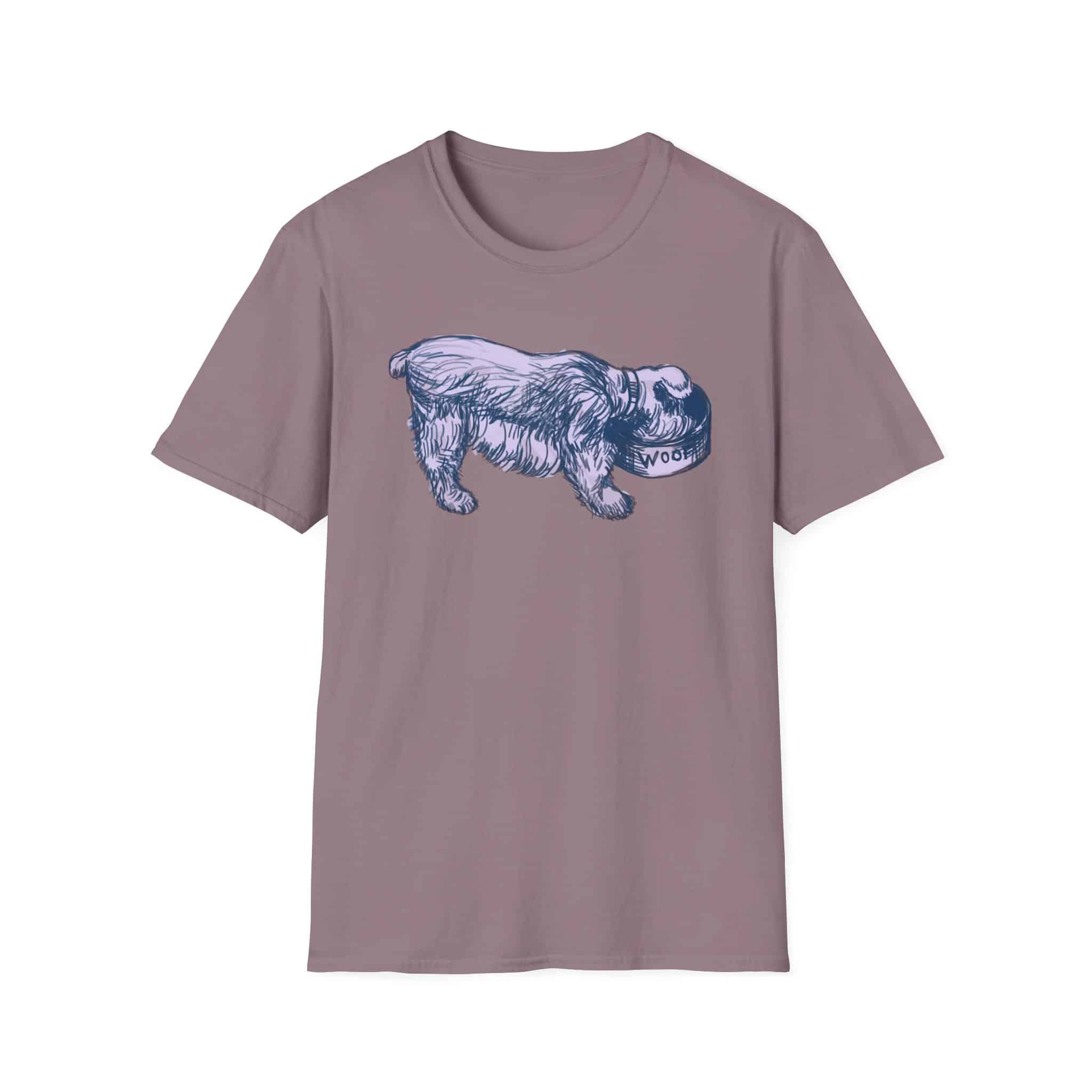 Quirky Vintage Pup Illustration T-Shirt — 'Woof' Dog Bowl Graphic - Image 21