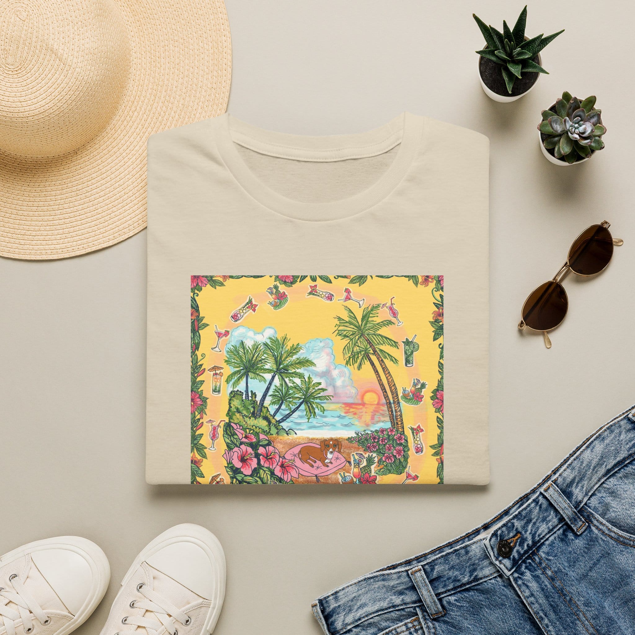 Girl Dachshund on a Tropical Sunset Beach T-Shirt — Vintage Beach Floral Graphic - Image 33