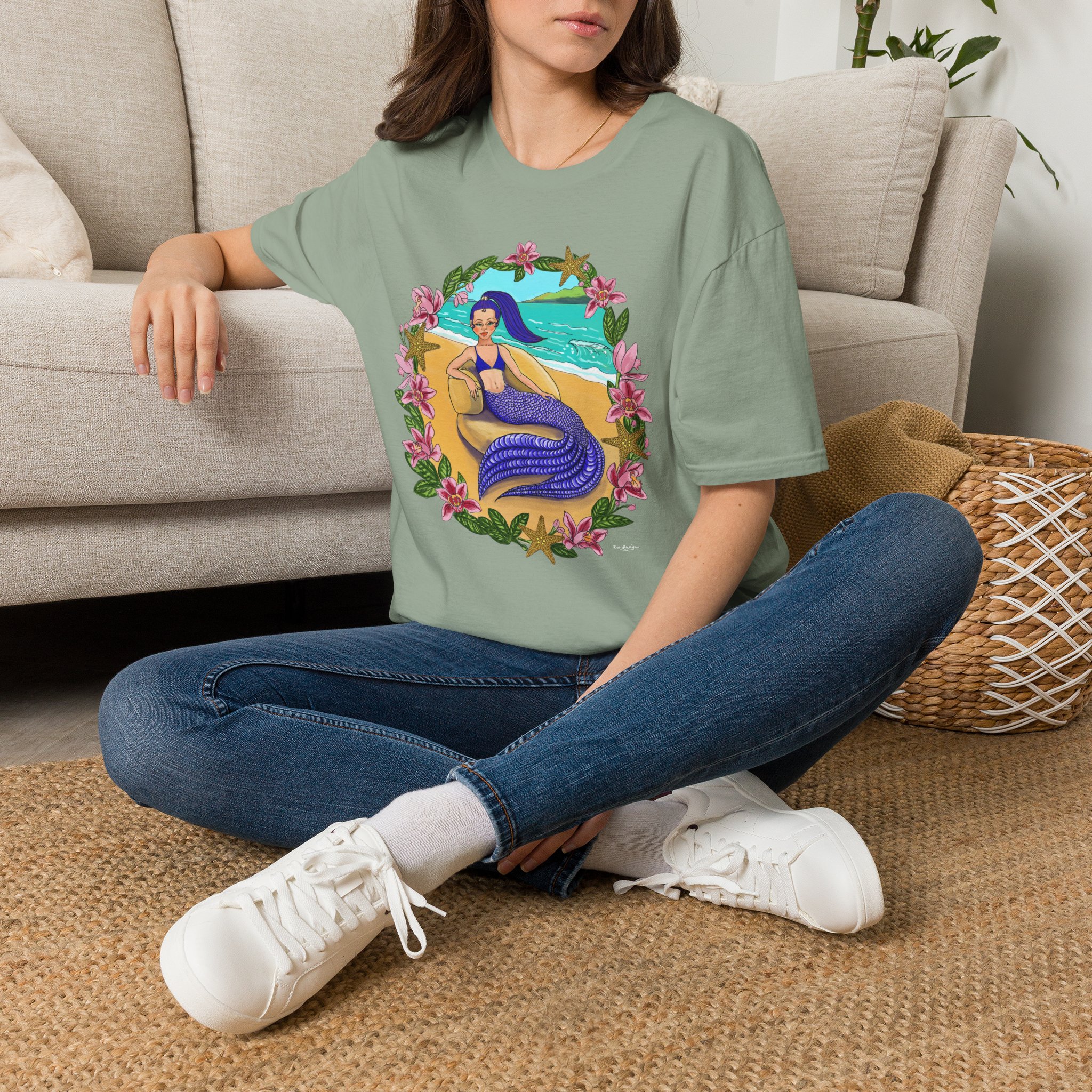 Blue-Haired Mermaid Beach Vibes T-Shirt — Tropical Floral Ocean Graphic - Image 20