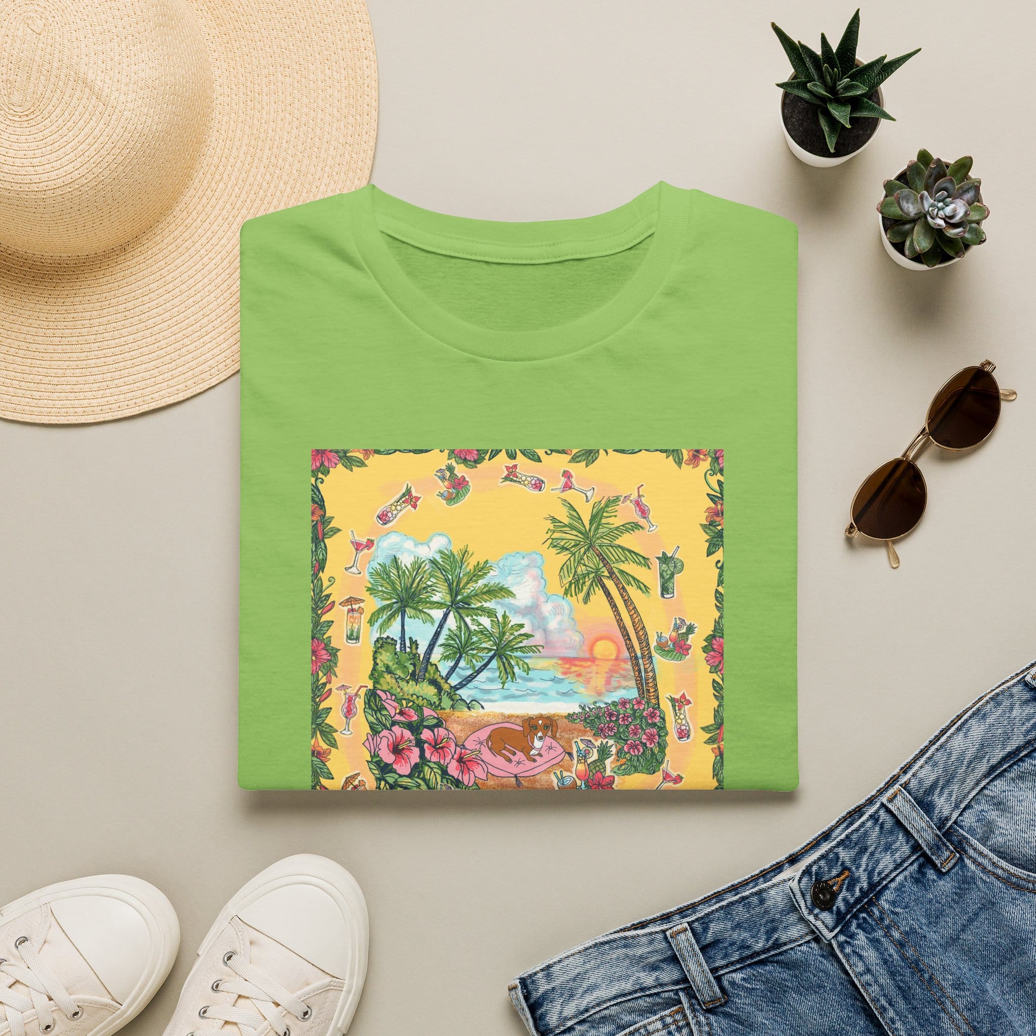 Girl Dachshund on a Tropical Sunset Beach T-Shirt — Vintage Beach Floral Graphic - Image 37