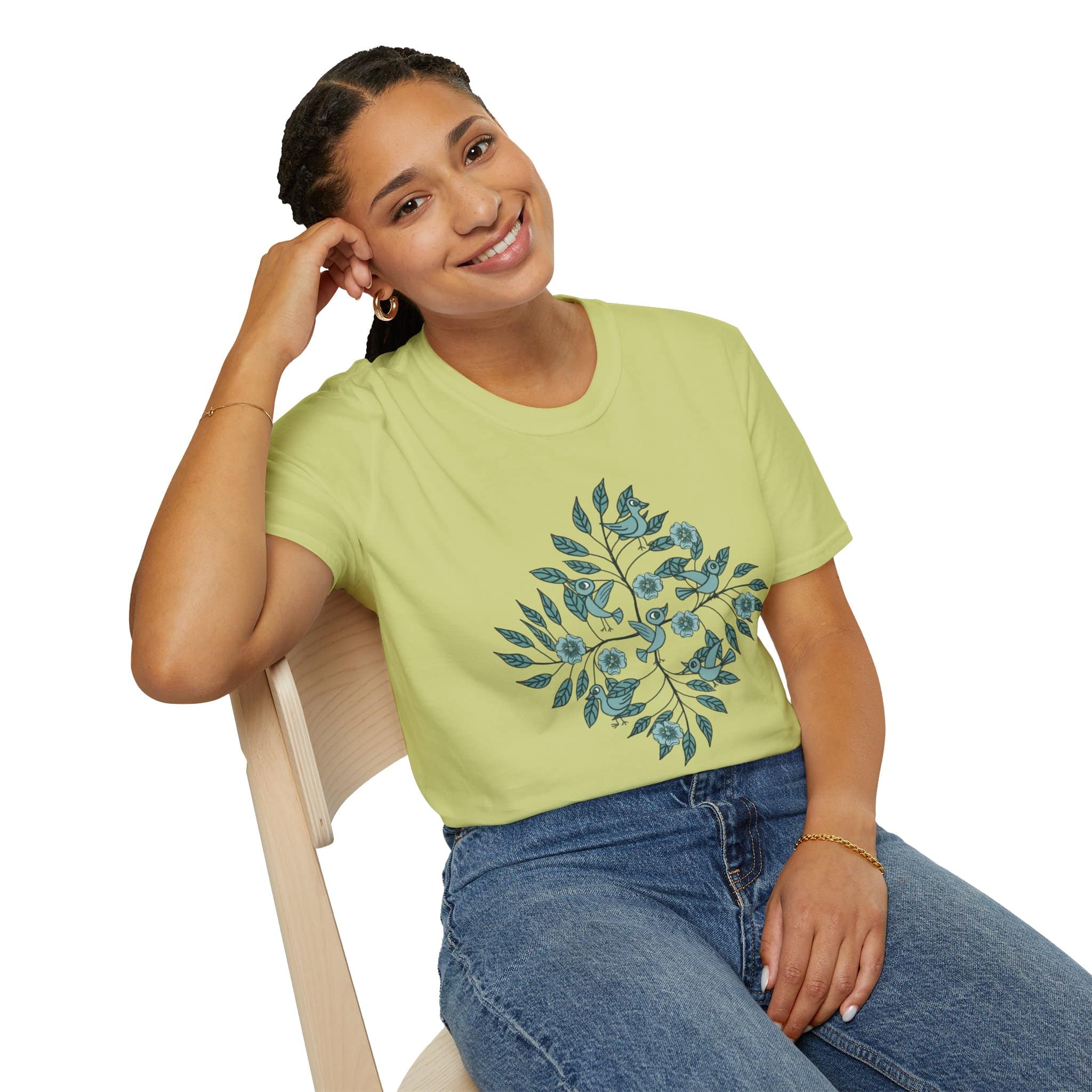 Botanical Bird Tee — Teal Floral Branch Graphic T-Shirt - Image 20