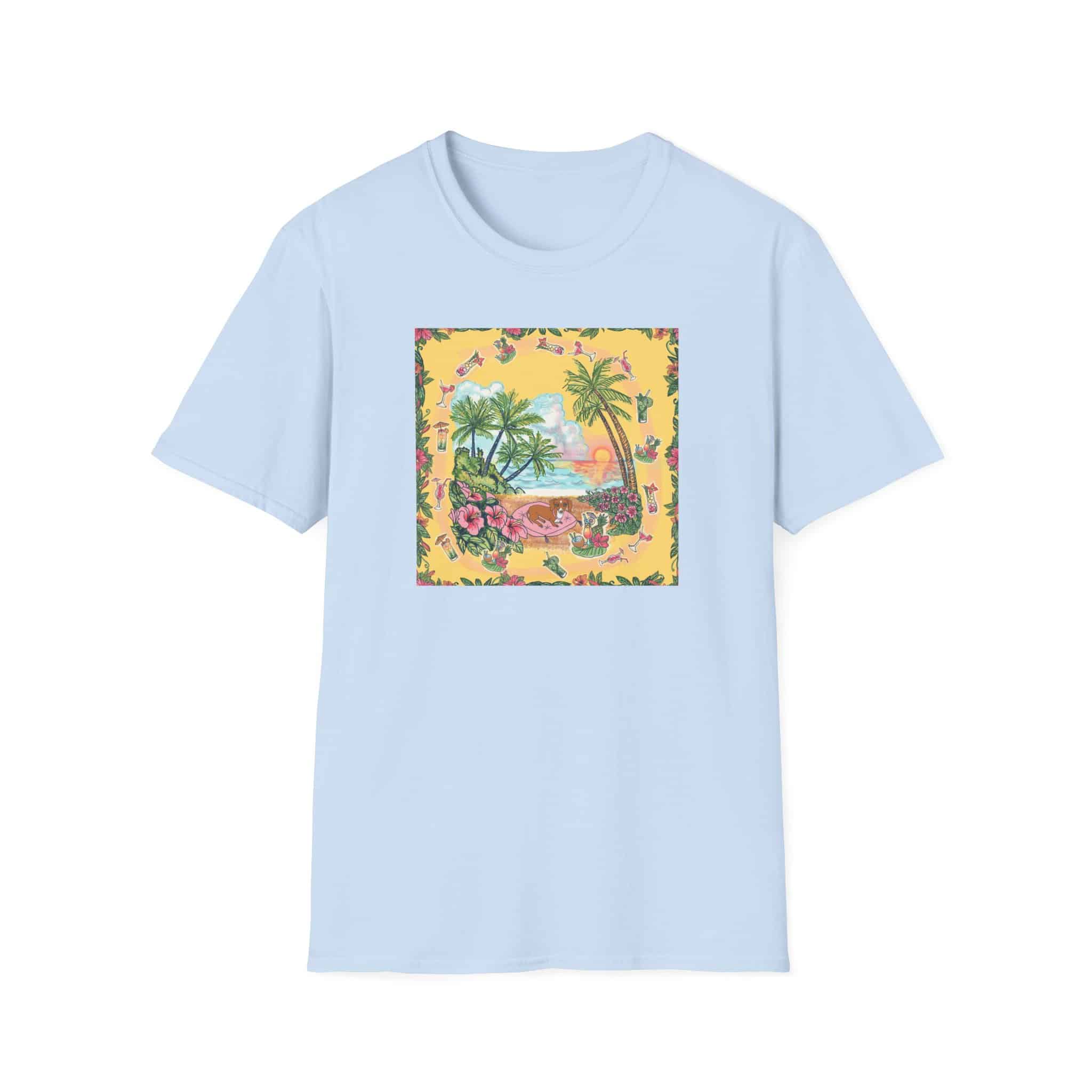 Girl Dachshund on a Tropical Sunset Beach T-Shirt — Vintage Beach Floral Graphic - Image 7