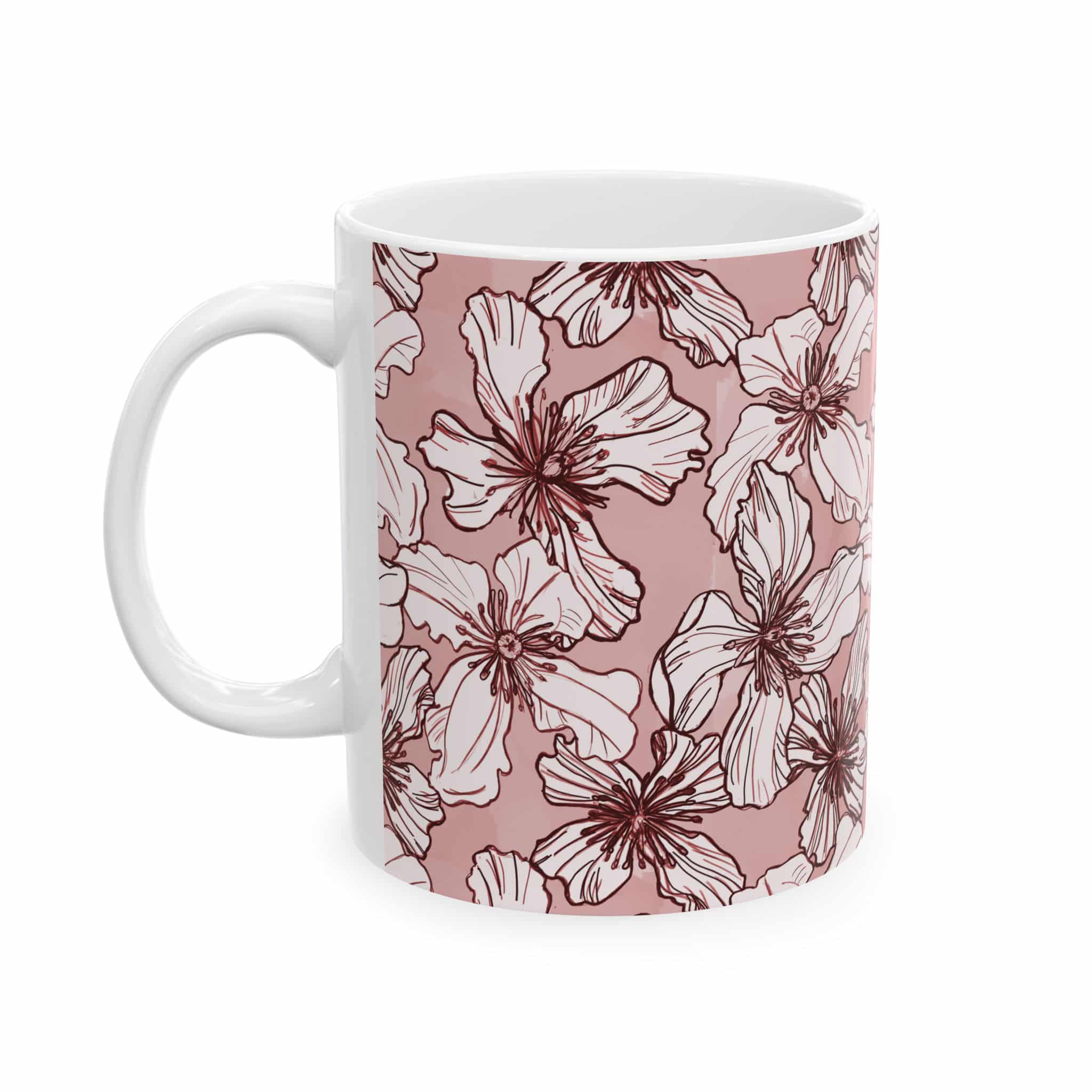 Blush Floral Ceramic Mug — Pink Hand-Drawn Clematis Flower Coffee Cup (11oz & 15oz)