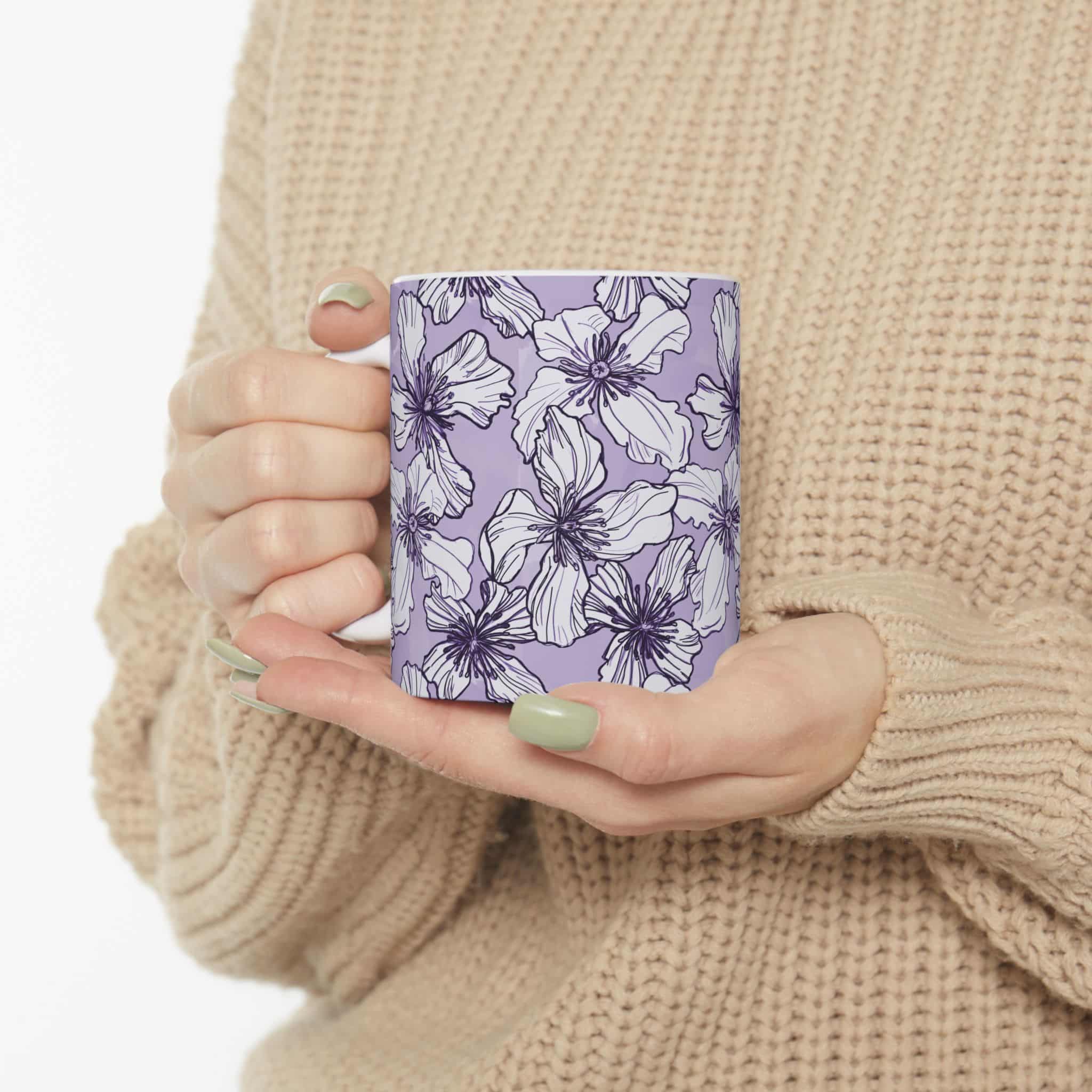 Lavender Floral Ceramic Mug — Purple Hand-Drawn Clematis Flowers Coffee Cup (11oz/15oz) - Image 5