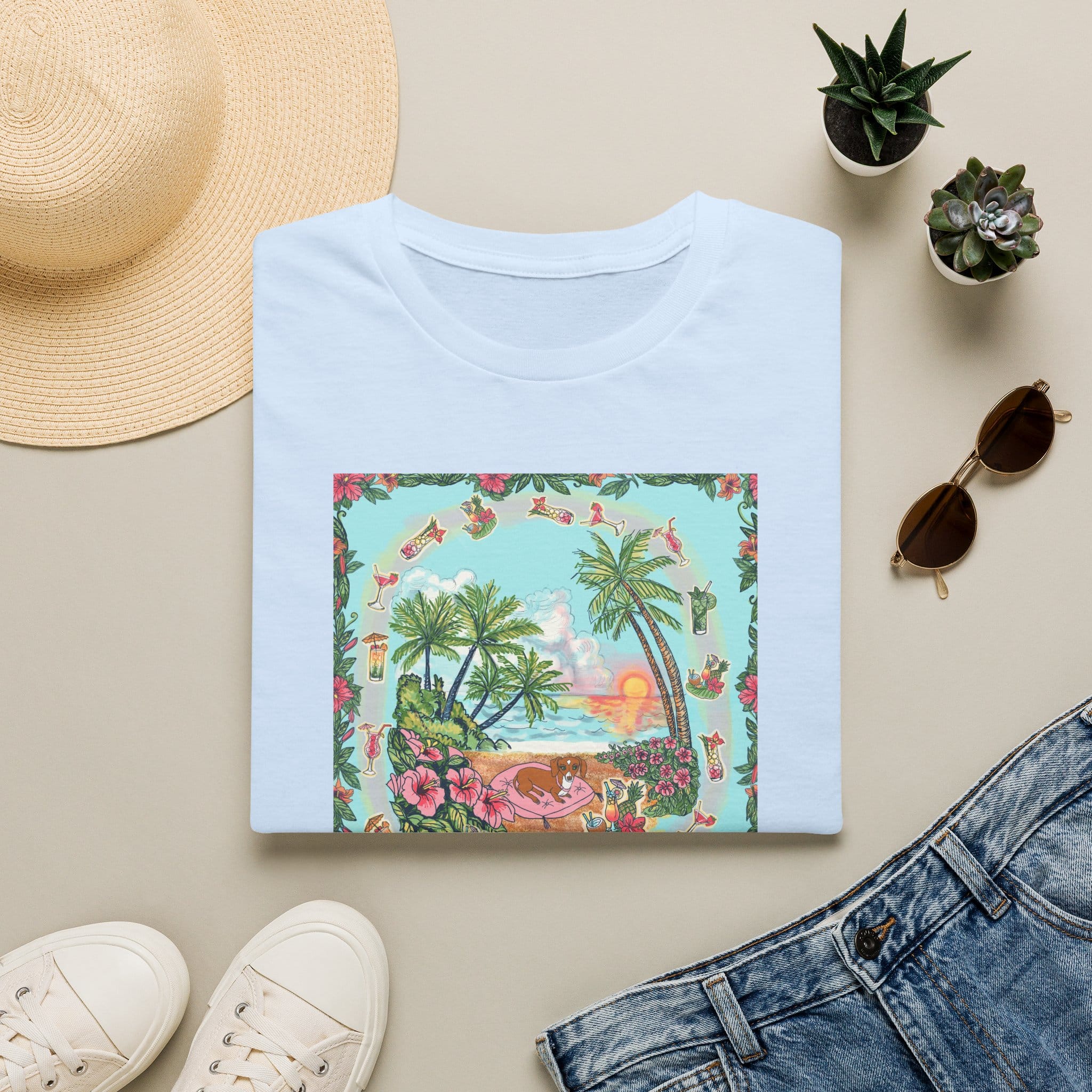 Dachshund on a Tropical Sunset Beach T-Shirt — Vintage Beach Floral Graphic