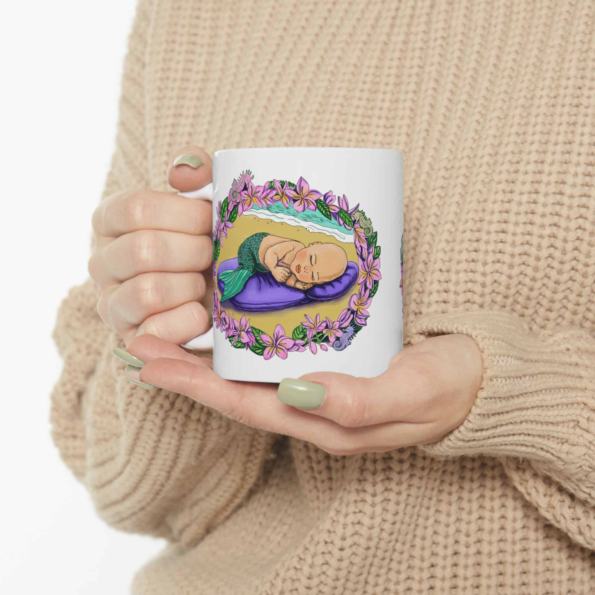 Mermaid Infant Ceramic Mug — Cute Sleeping Baby Mermaid in Floral Wreath (11oz & 15oz) - Image 5