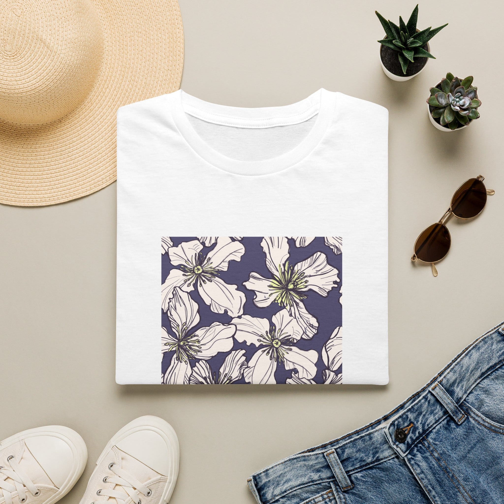 Floral Square Tee — White Clematis Print T-Shirt - Image 25