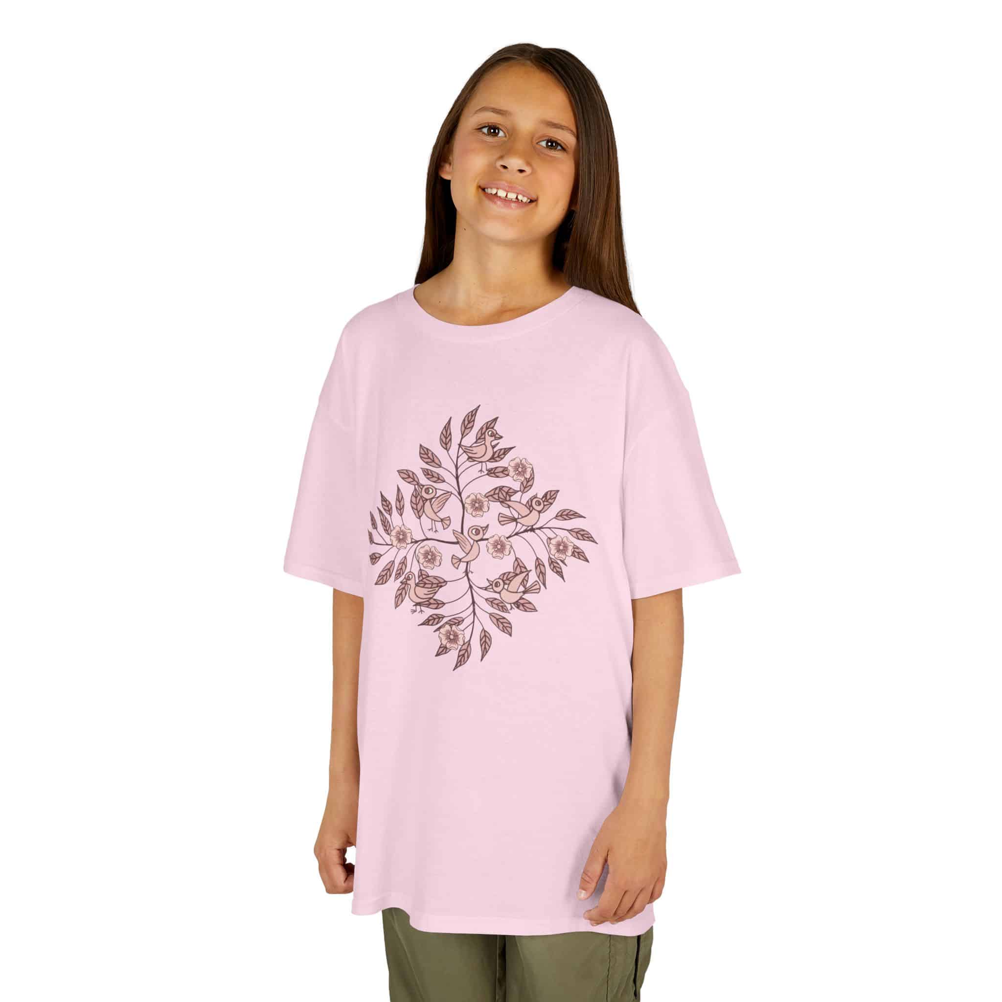 Kids Tee — Pink Watercolor Bird & Leaf Floral Design - Image 3