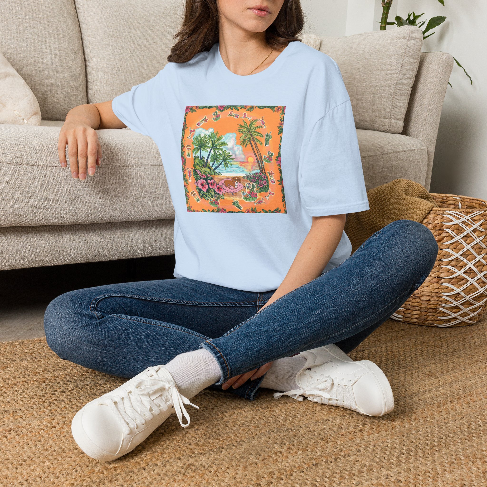 Girl Dachshund on a Tropical Sunset Beach T-Shirt — Vintage Beach Floral Graphic - Image 5