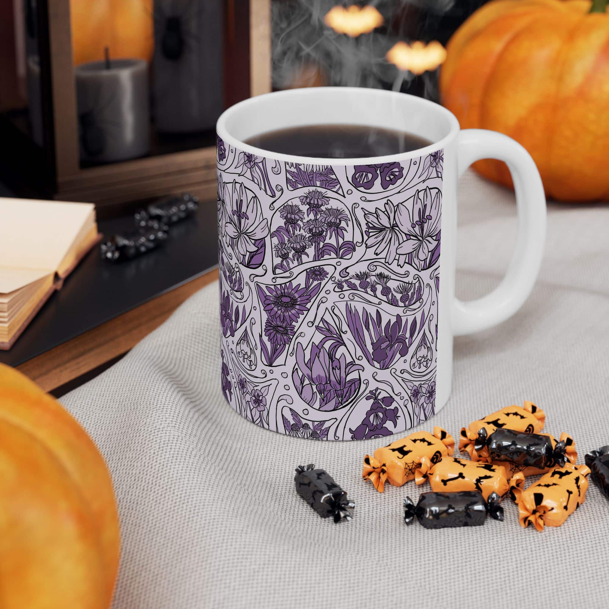 Monochrome Purple Floral Pattern Ceramic Mug — Hand-Drawn Botanical Design (11oz & 15oz) - Image 4