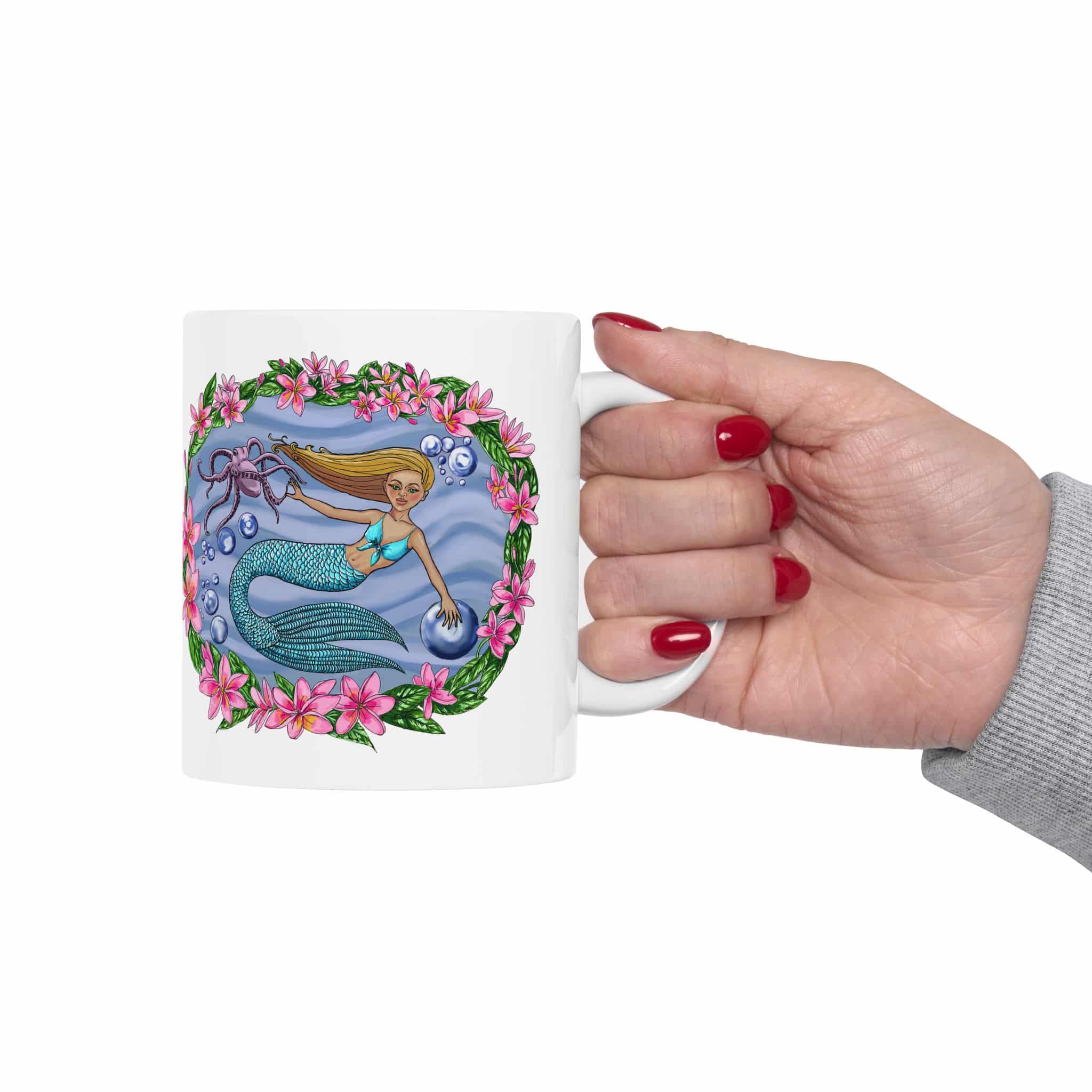 Mermaid with Octopus Friend Floral Ceramic Mug — Cute Ocean Mermaid Coffee Cup (11oz & 15oz) - Image 3