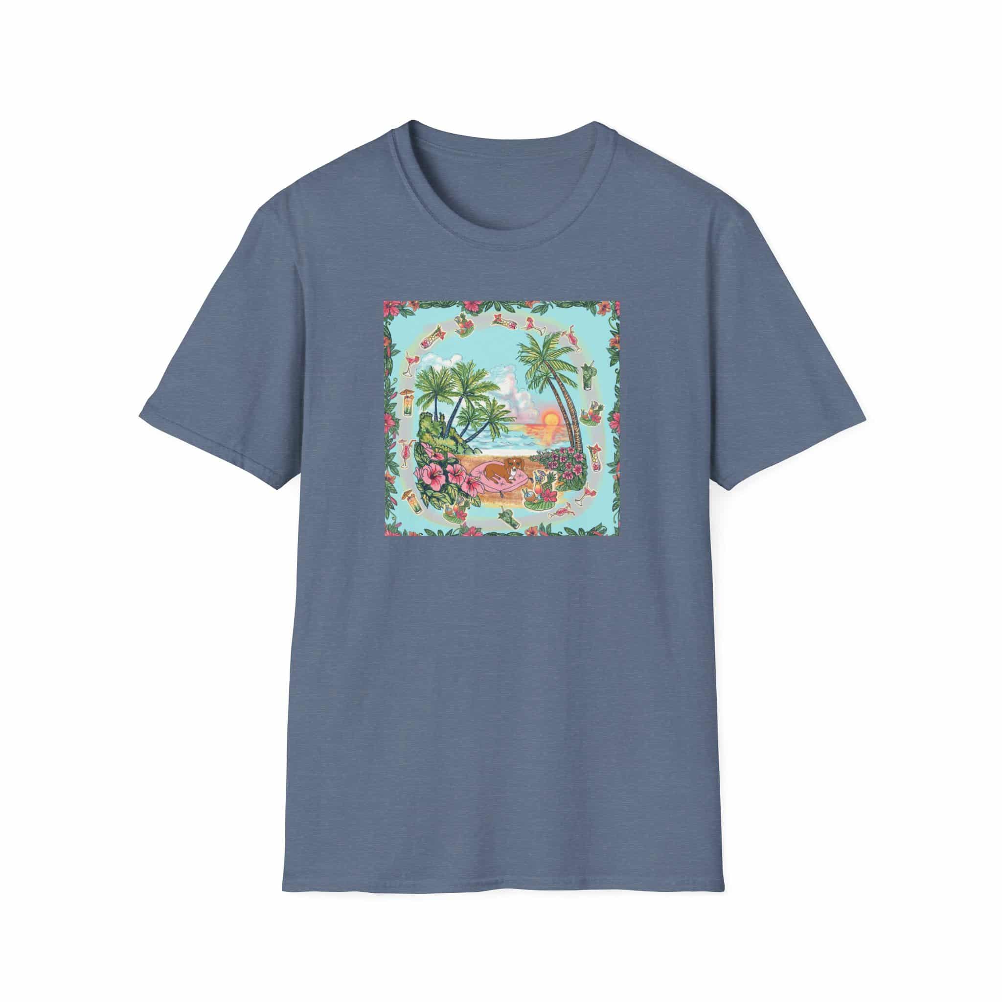 Dachshund on a Tropical Sunset Beach T-Shirt — Vintage Beach Floral Graphic - Image 39