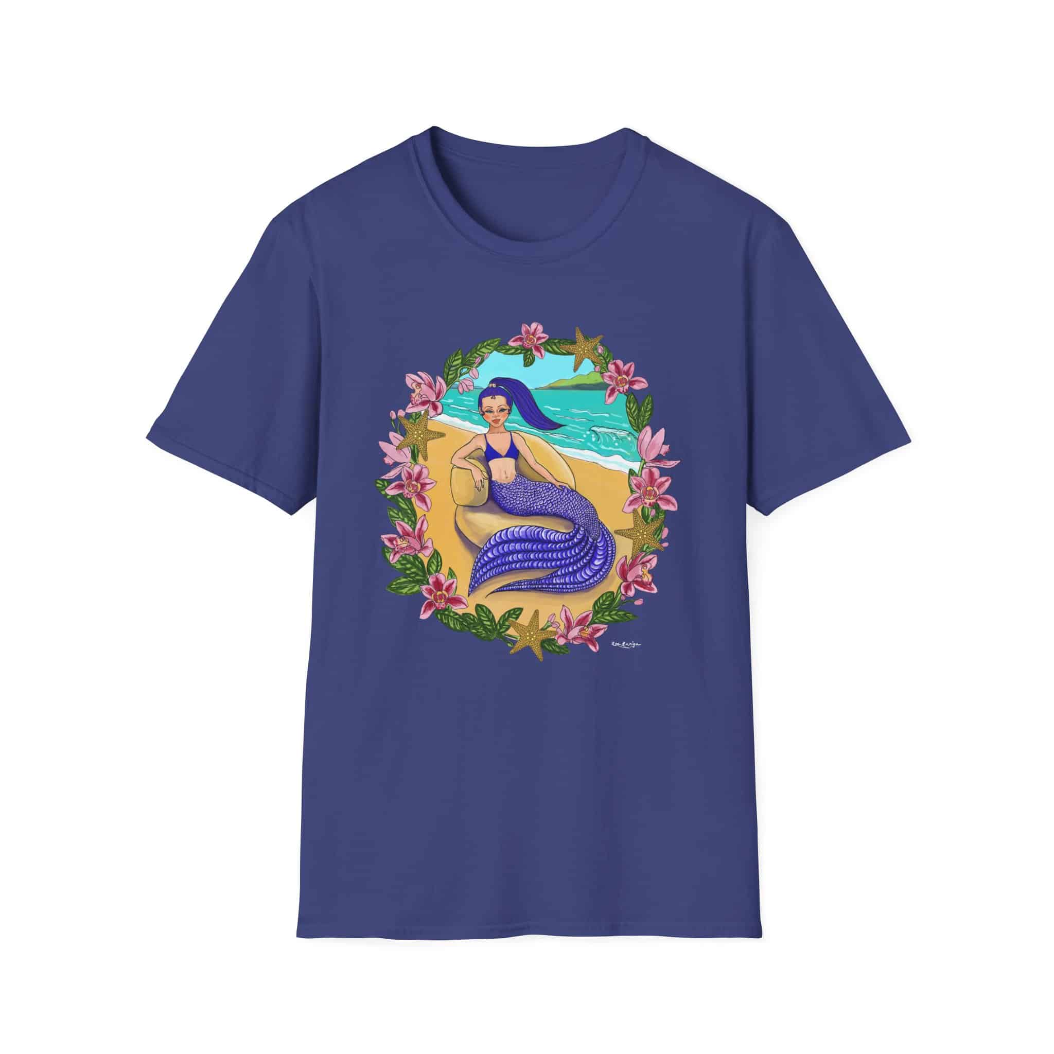 Blue-Haired Mermaid Beach Vibes T-Shirt — Tropical Floral Ocean Graphic - Image 3