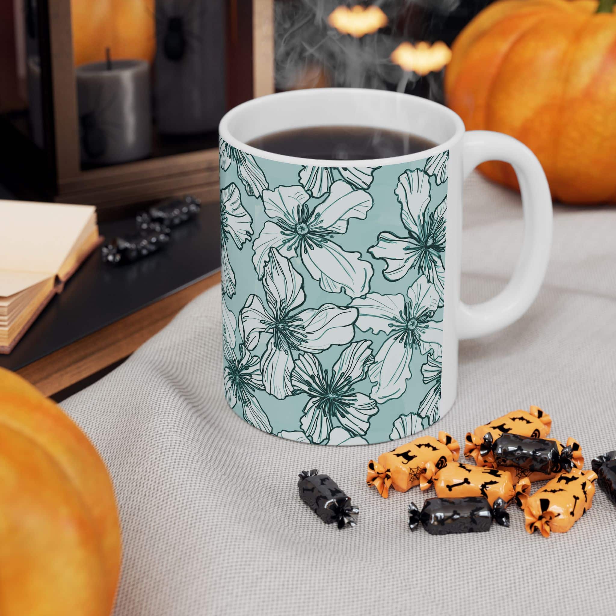 Teal Floral Pattern Ceramic Mug (11oz & 15oz) - Image 4