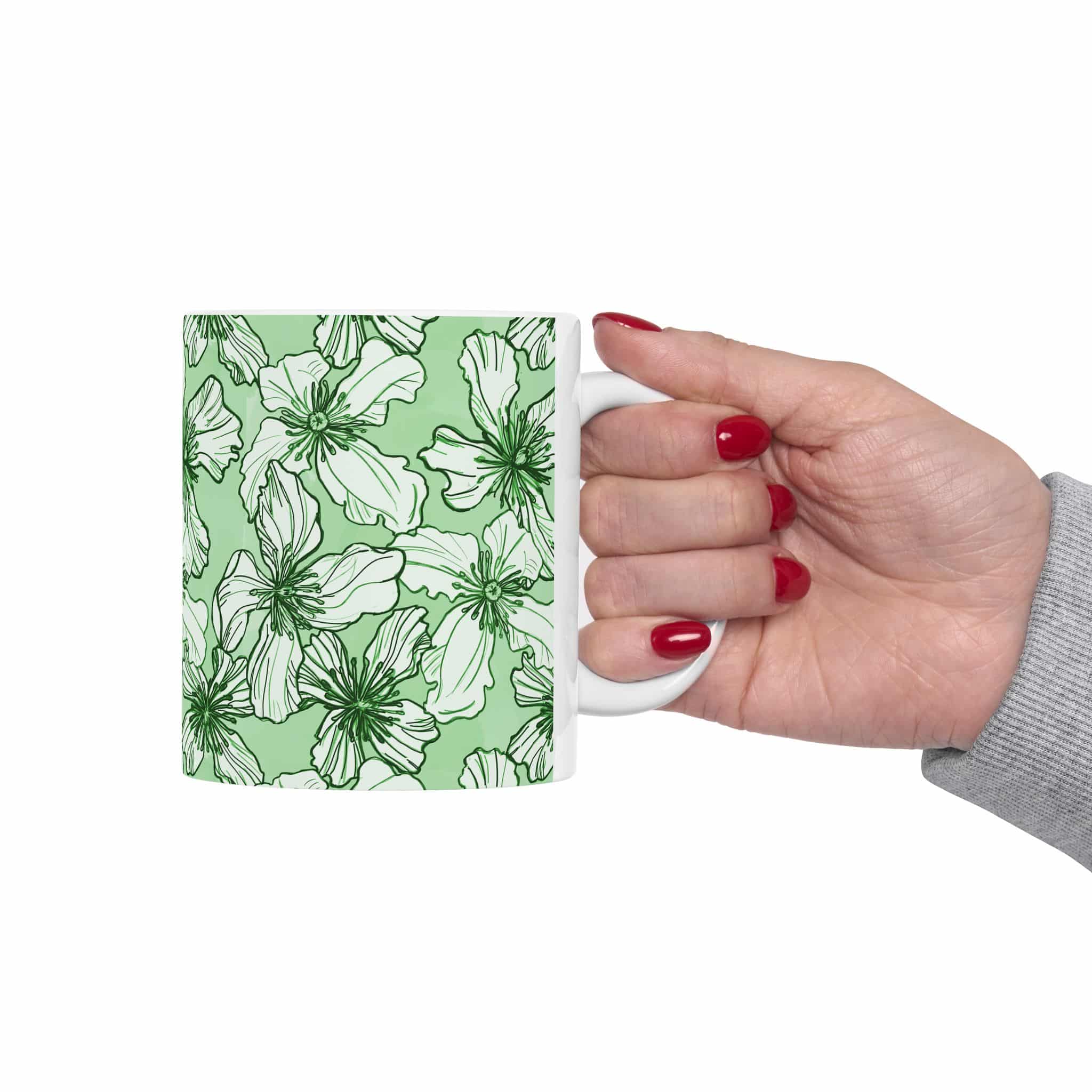 Green Floral Ceramic Mug — Hand-Drawn White Blossoms on Sage (11oz & 15oz) - Image 3