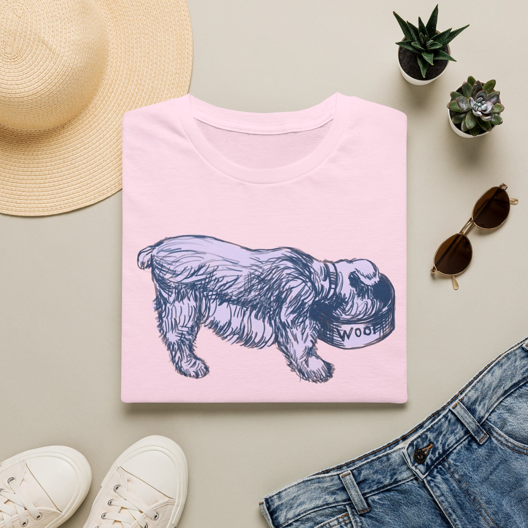 Quirky Vintage Pup Illustration T-Shirt — 'Woof' Dog Bowl Graphic - Image 4