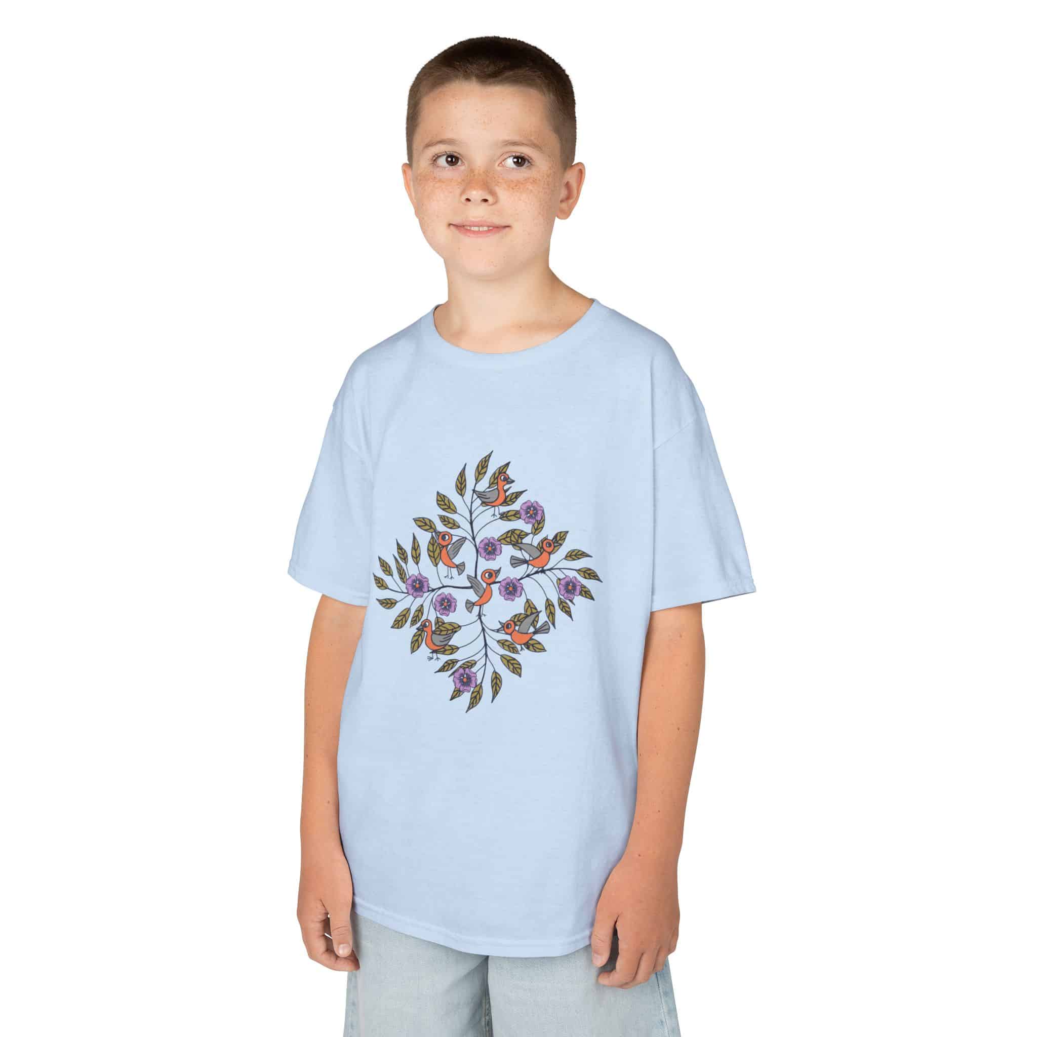 Kids T‑Shirt — Stick Figure Birds Floral Wreath Tee - Image 4