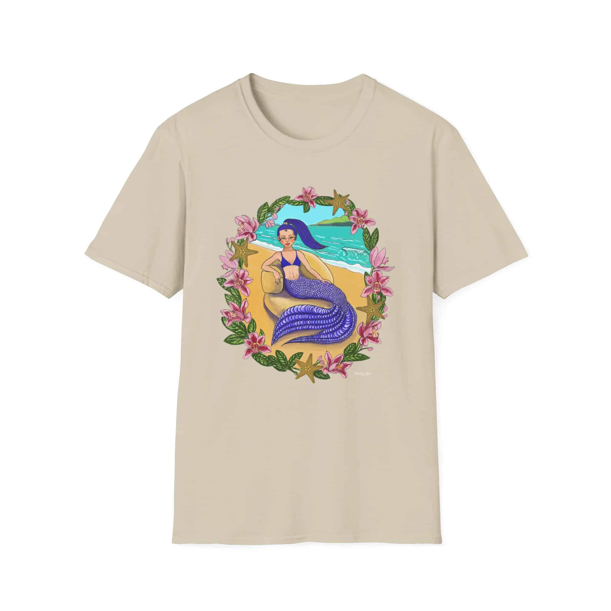 Blue-Haired Mermaid Beach Vibes T-Shirt — Tropical Floral Ocean Graphic - Image 27