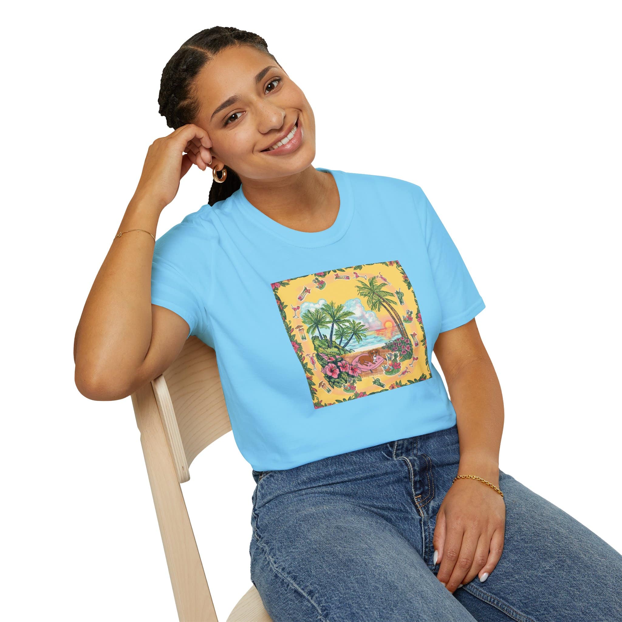 Girl Dachshund on a Tropical Sunset Beach T-Shirt — Vintage Beach Floral Graphic - Image 32