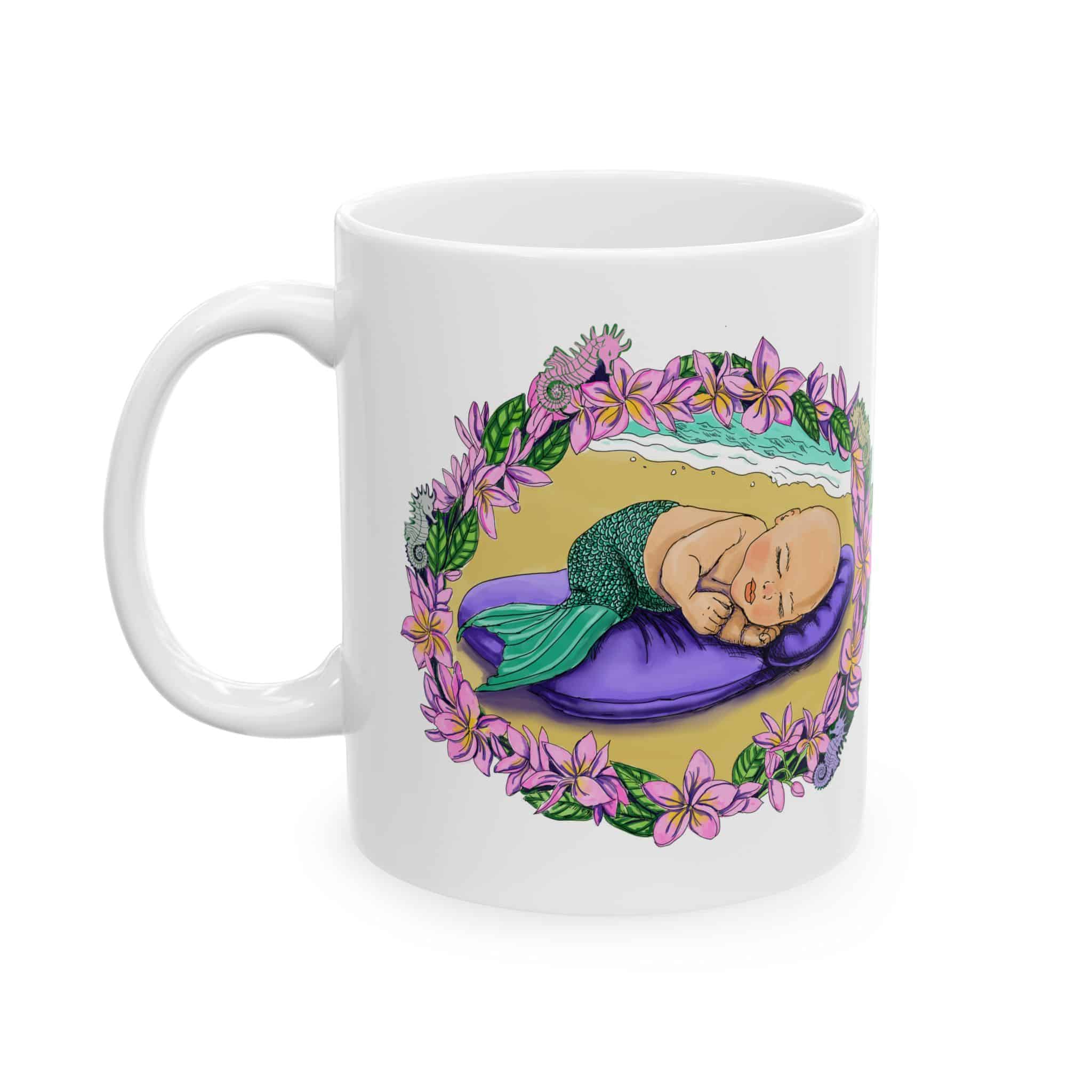 Mermaid Infant Ceramic Mug — Cute Sleeping Baby Mermaid in Floral Wreath (11oz & 15oz)