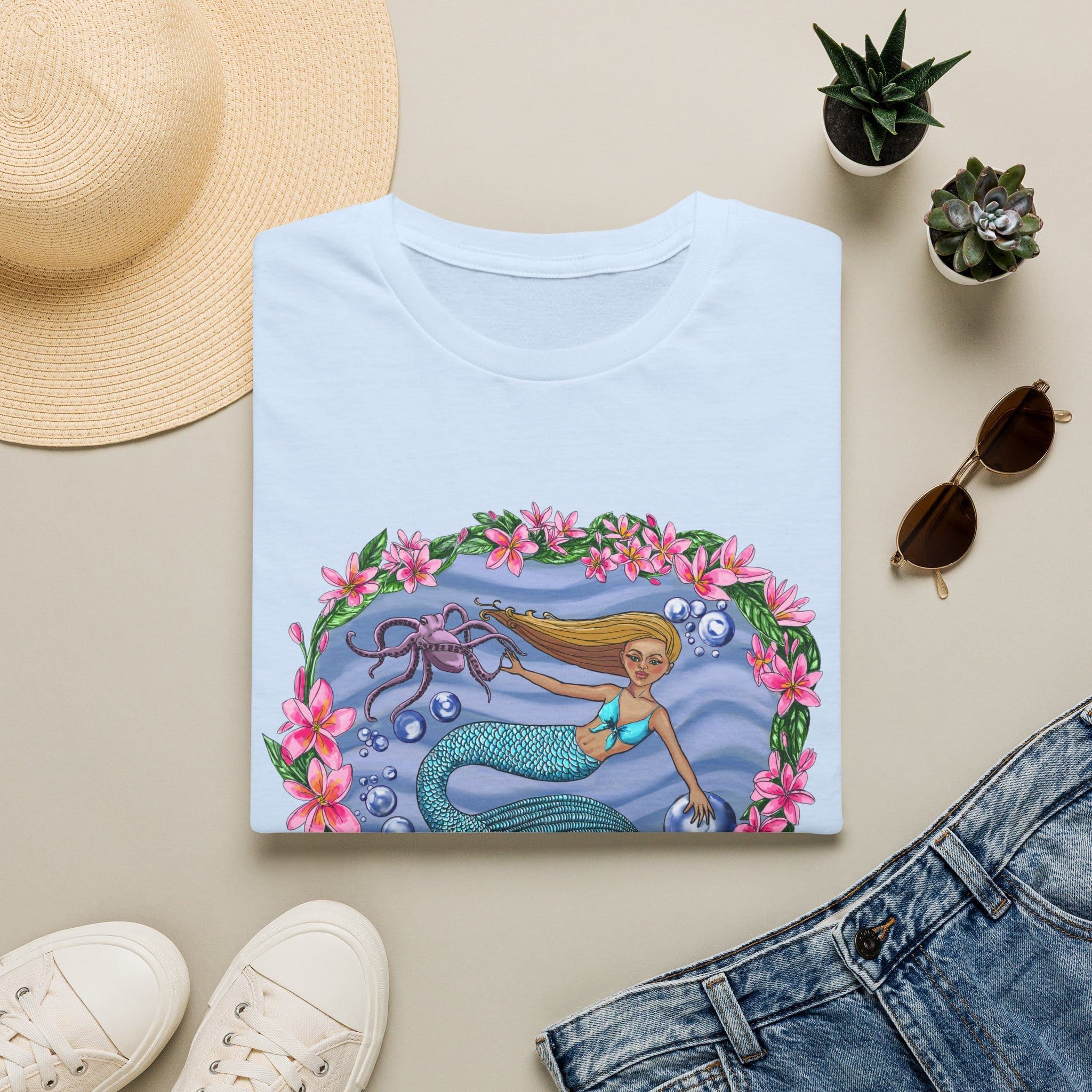 Mermaid With Octopus Beach Vibes T-Shirt — Tropical Floral Ocean Graphic