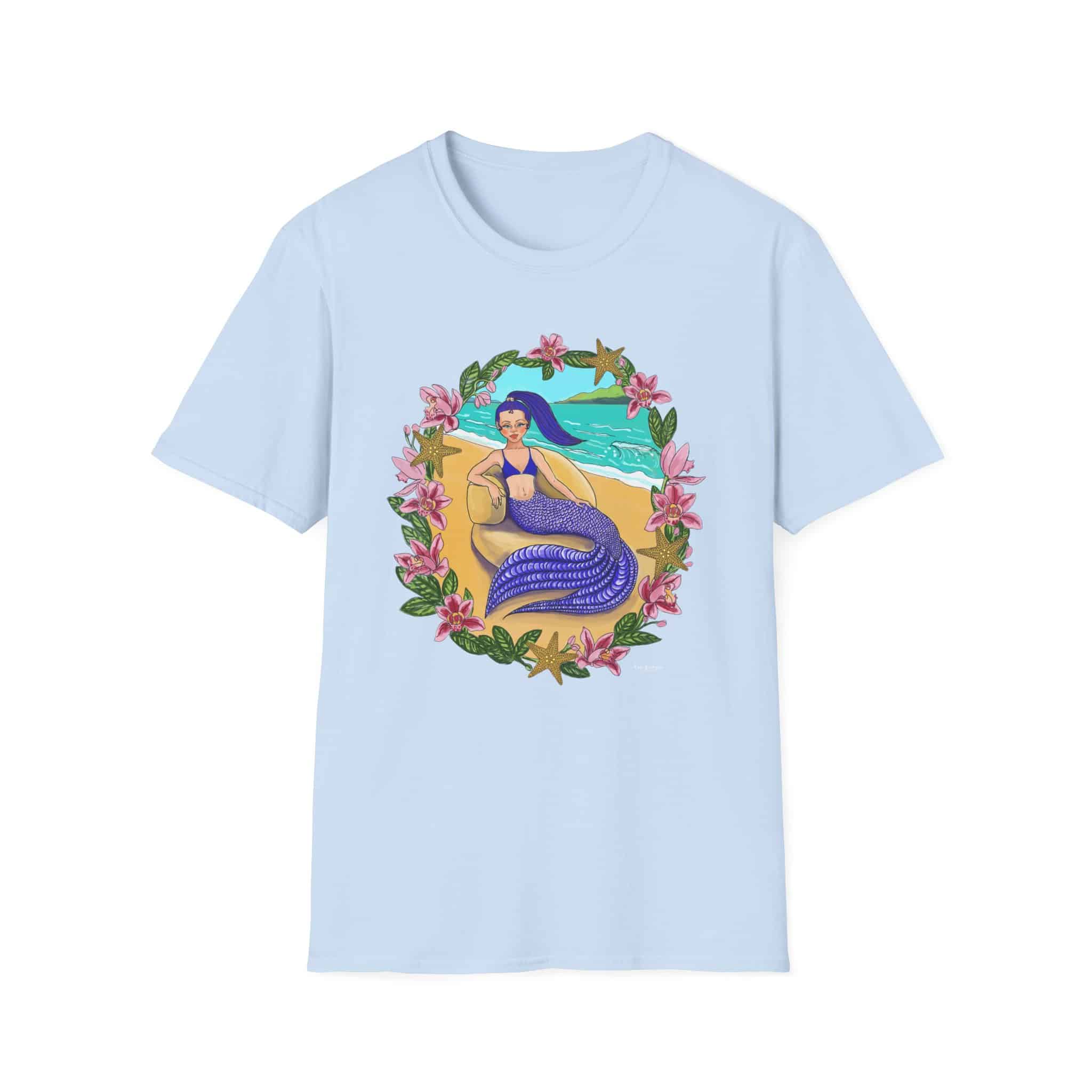 Blue-Haired Mermaid Beach Vibes T-Shirt — Tropical Floral Ocean Graphic - Image 30