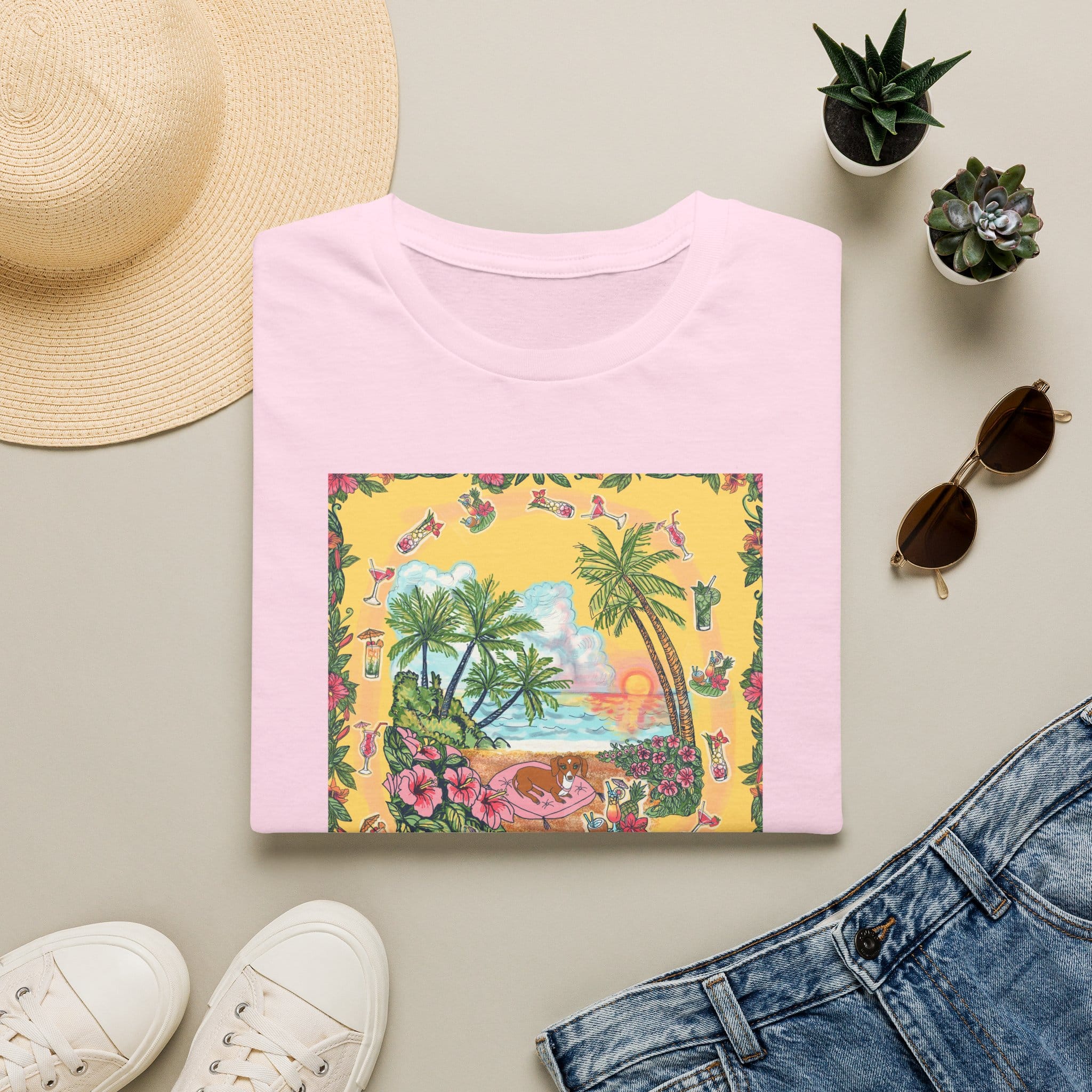 Girl Dachshund on a Tropical Sunset Beach T-Shirt — Vintage Beach Floral Graphic - Image 9