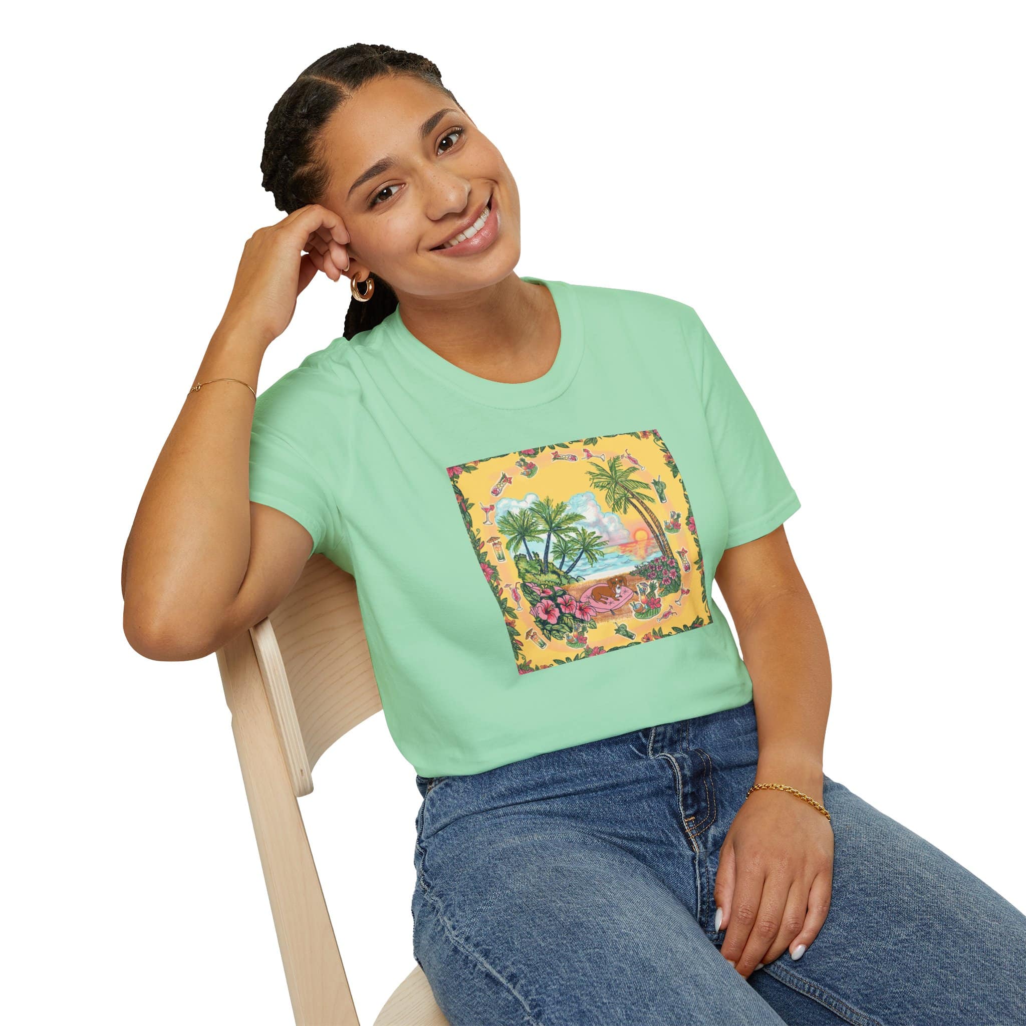 Girl Dachshund on a Tropical Sunset Beach T-Shirt — Vintage Beach Floral Graphic - Image 24