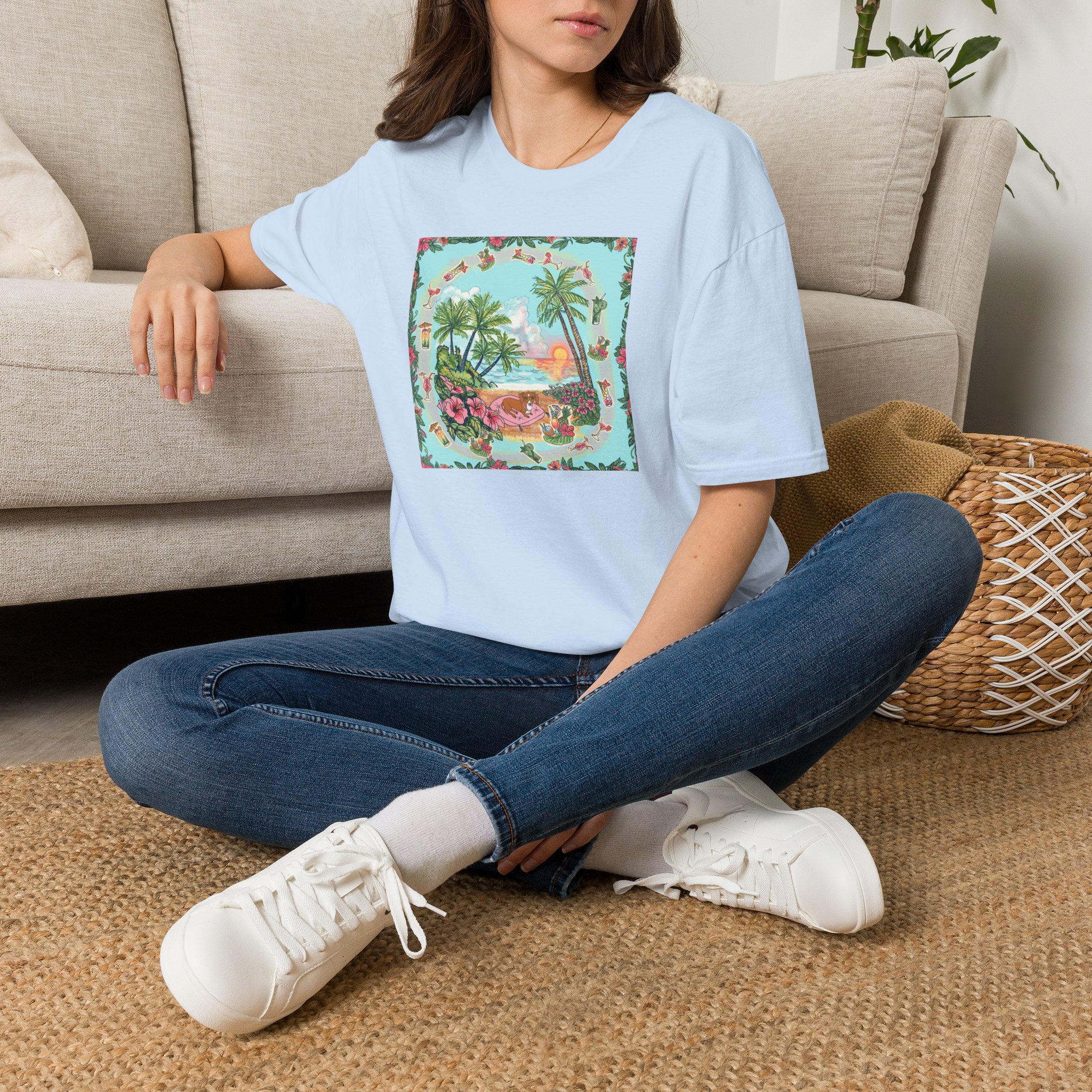 Dachshund on a Tropical Sunset Beach T-Shirt — Vintage Beach Floral Graphic - Image 2
