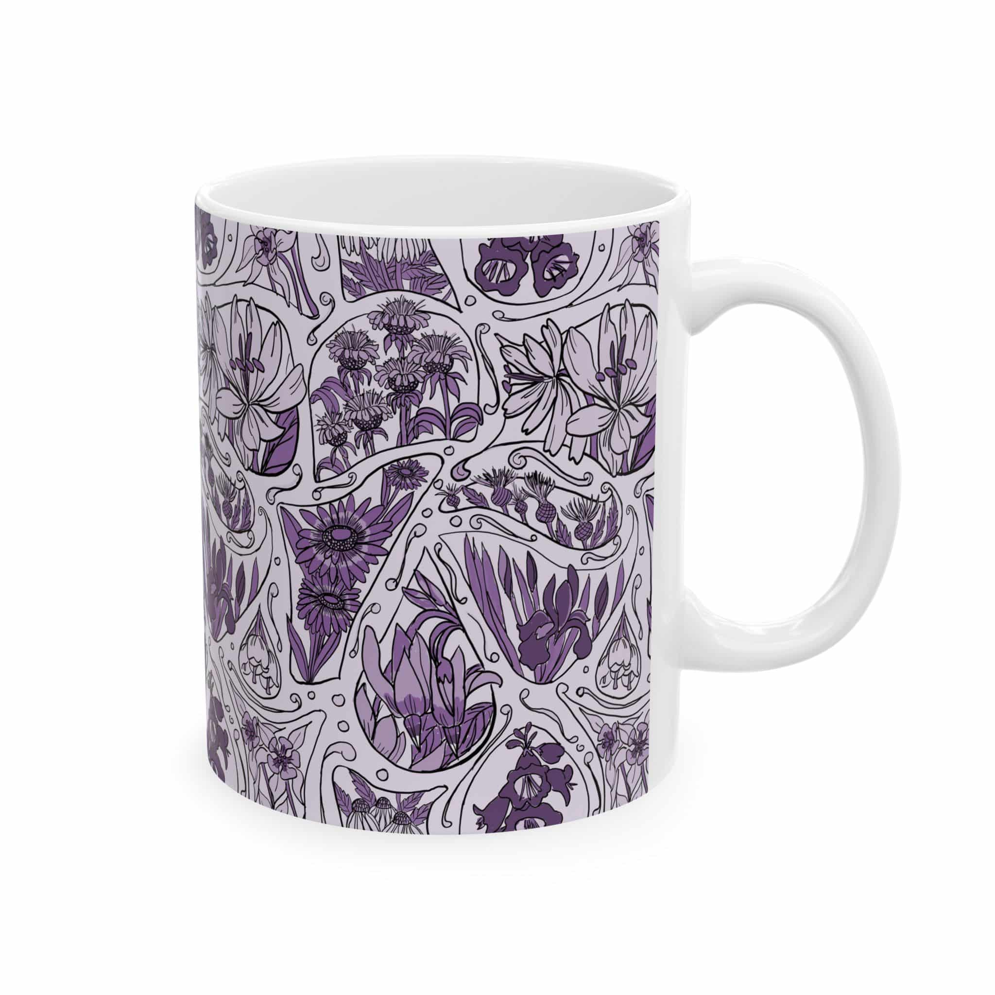 Monochrome Purple Floral Pattern Ceramic Mug — Hand-Drawn Botanical Design (11oz & 15oz) - Image 2