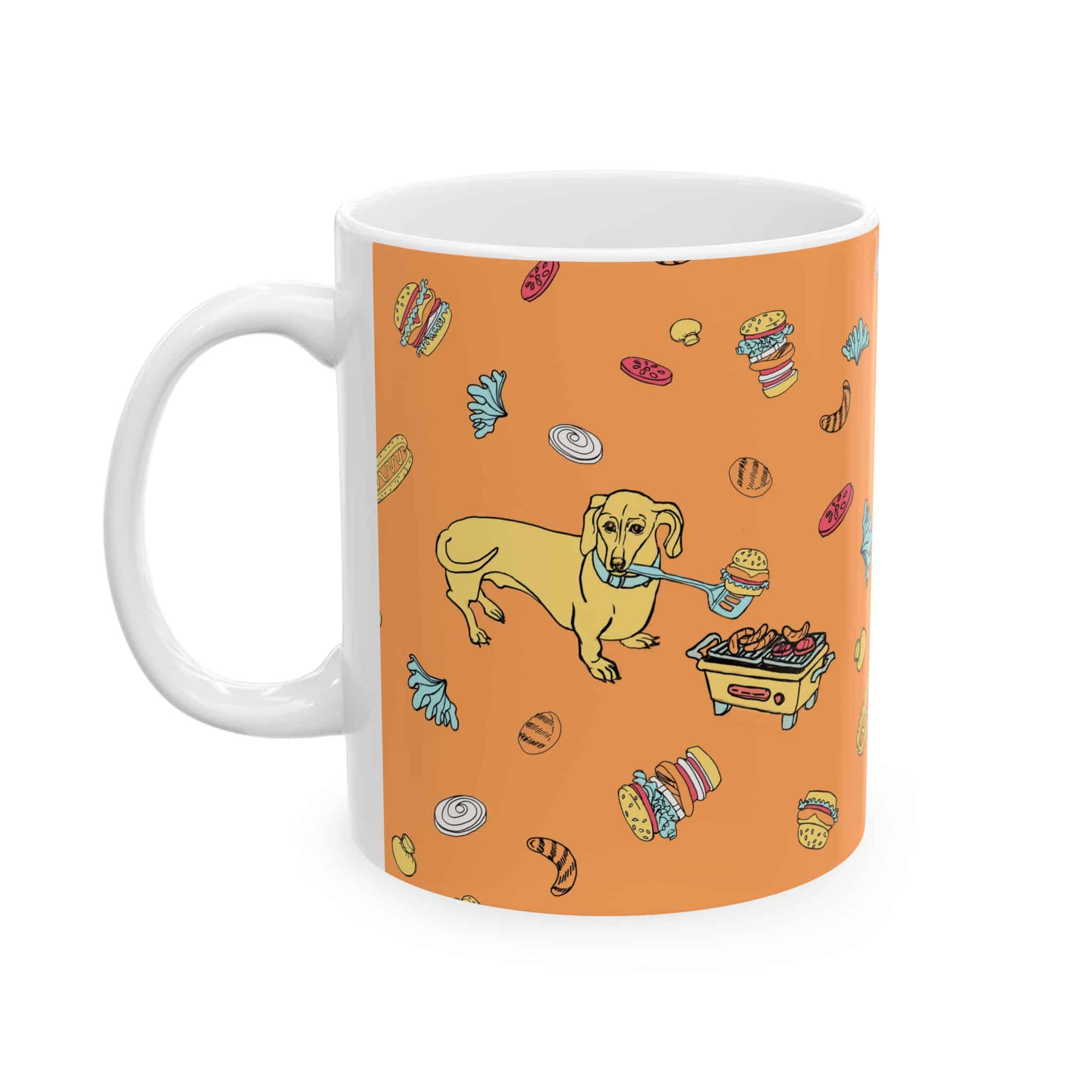 Dachshund Cooking on Hibachi Pattern Ceramic Mug — Cute Burger & Hot Dog 11oz/15oz Coffee Cup