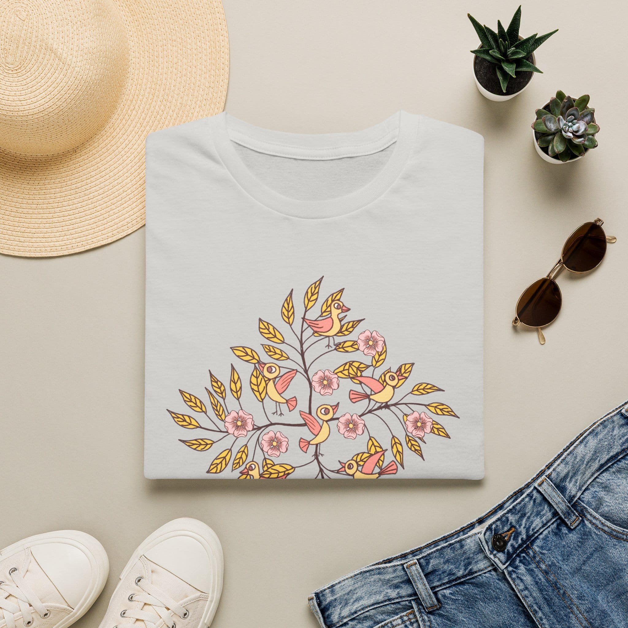 Floral Bird Tree T-Shirt — Boho Botanical Tee with Pink Blossoms - Image 9