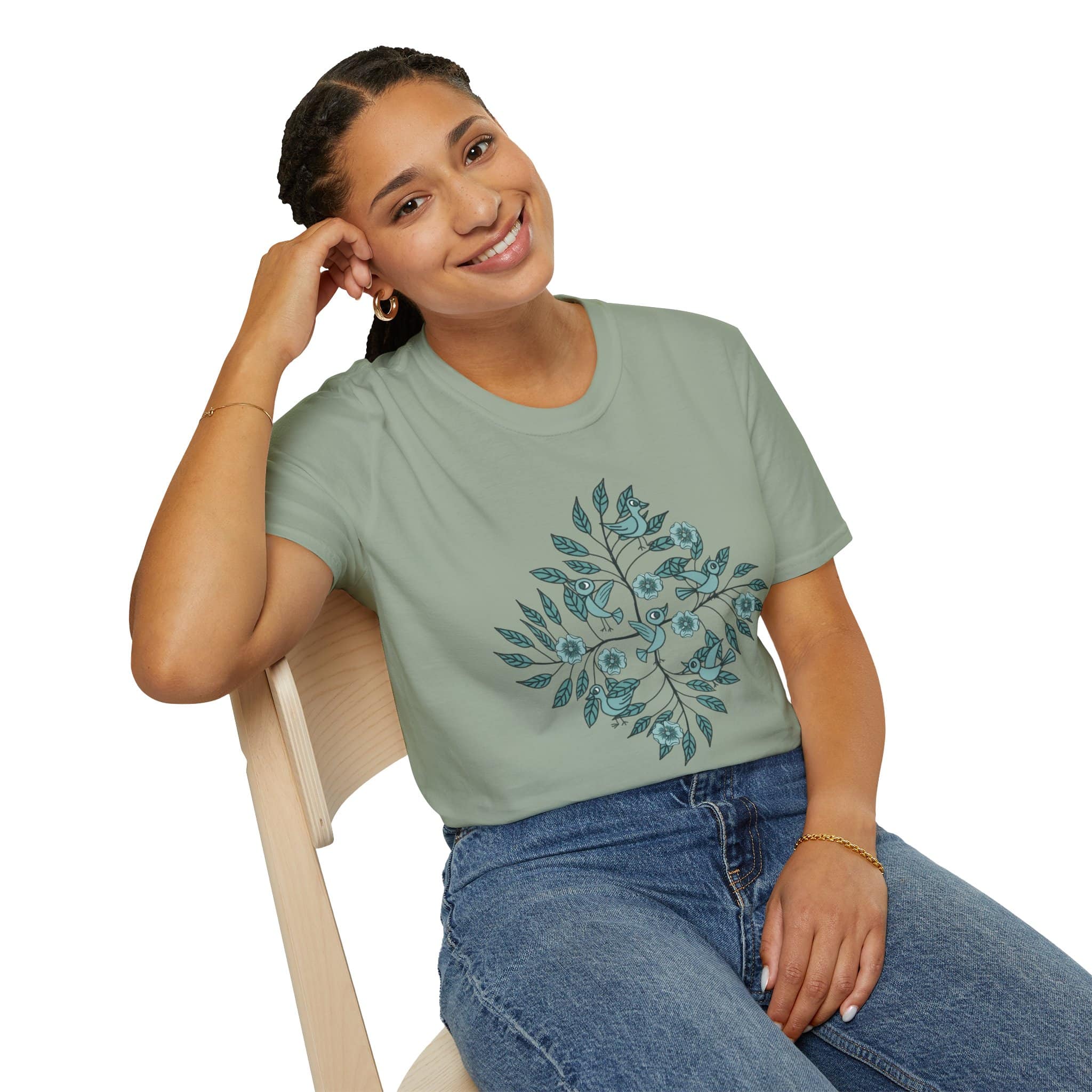 Botanical Bird Tee — Teal Floral Branch Graphic T-Shirt - Image 28