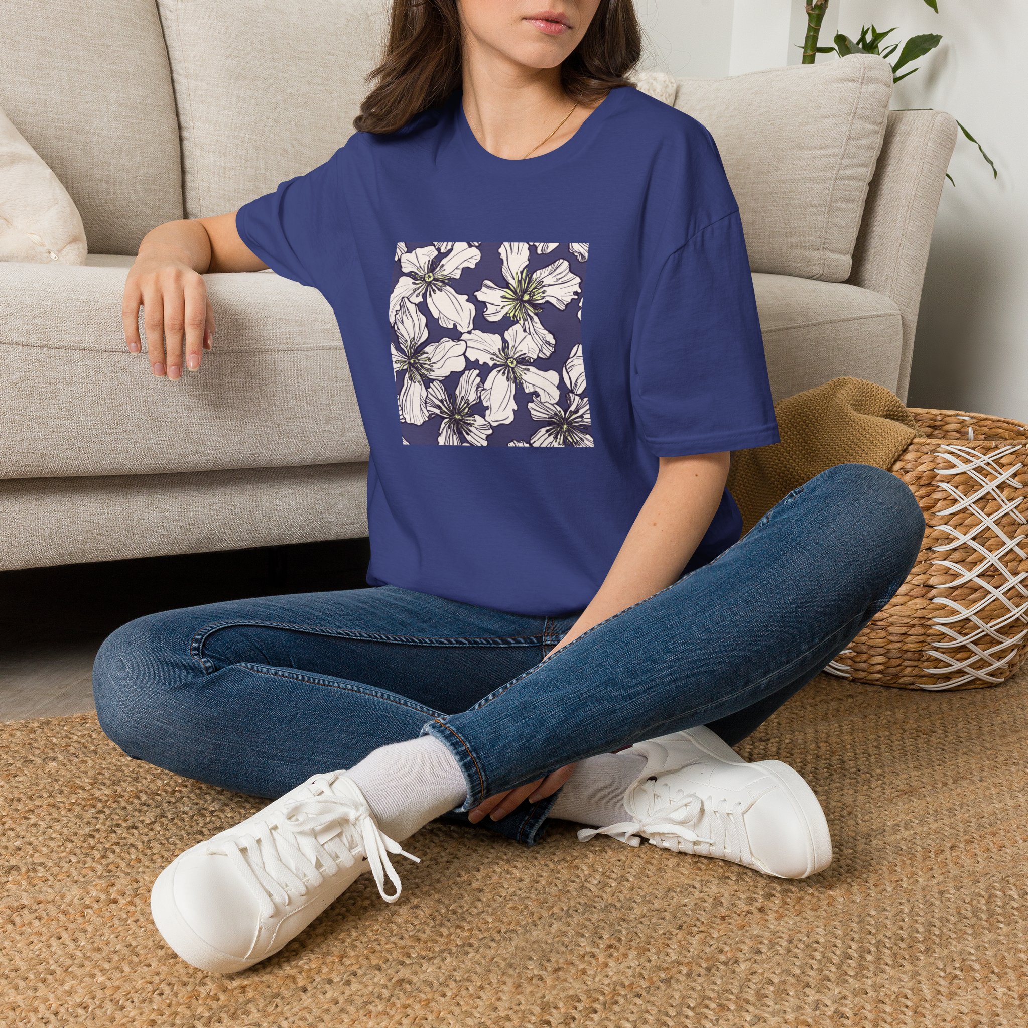Floral Square Tee — White Clematis Print T-Shirt - Image 5