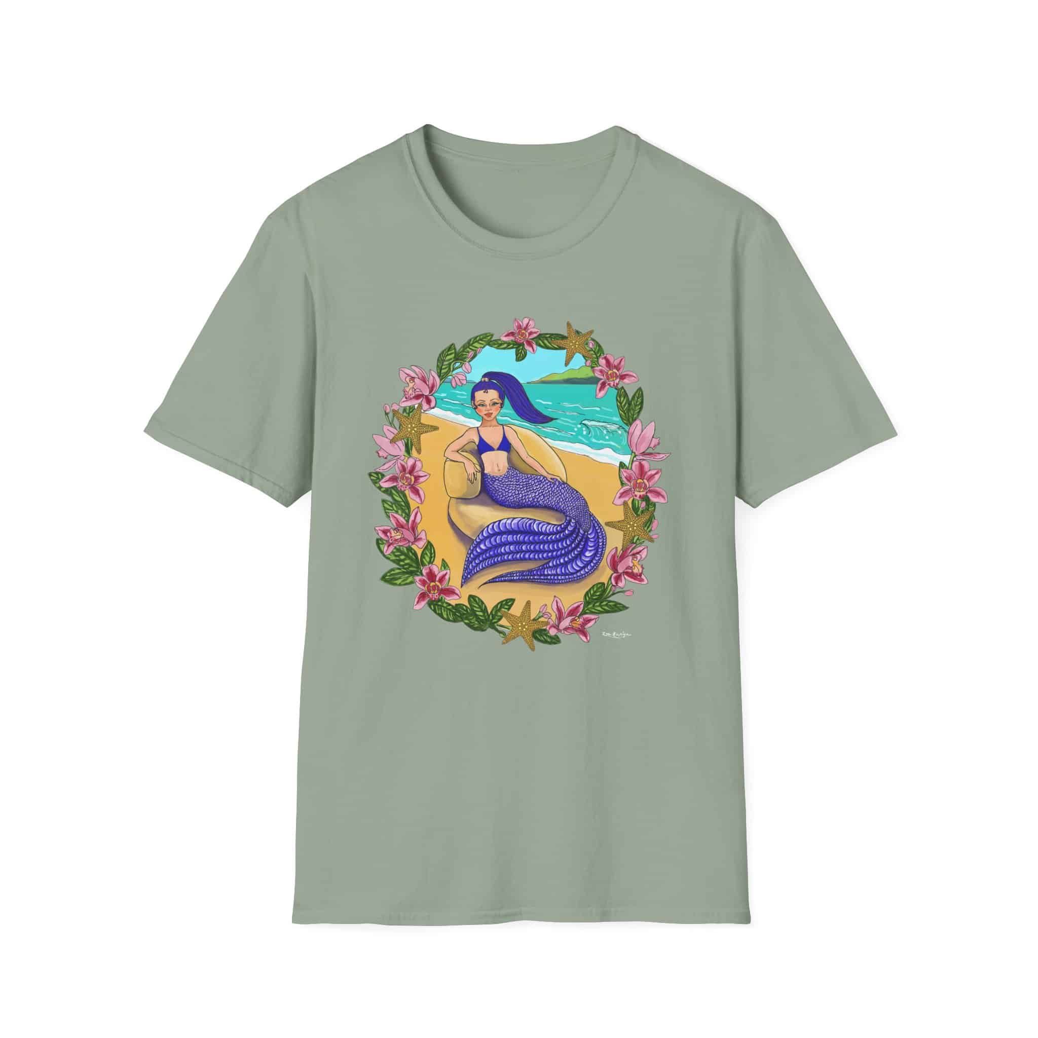 Blue-Haired Mermaid Beach Vibes T-Shirt — Tropical Floral Ocean Graphic - Image 21