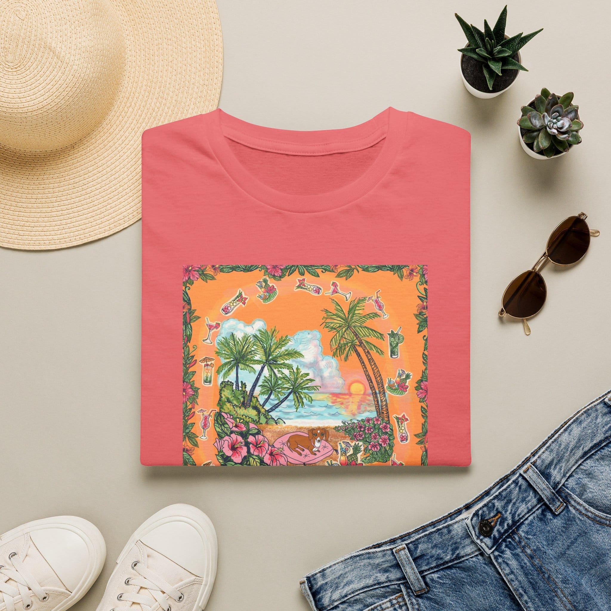 Girl Dachshund on a Tropical Sunset Beach T-Shirt — Vintage Beach Floral Graphic - Image 13