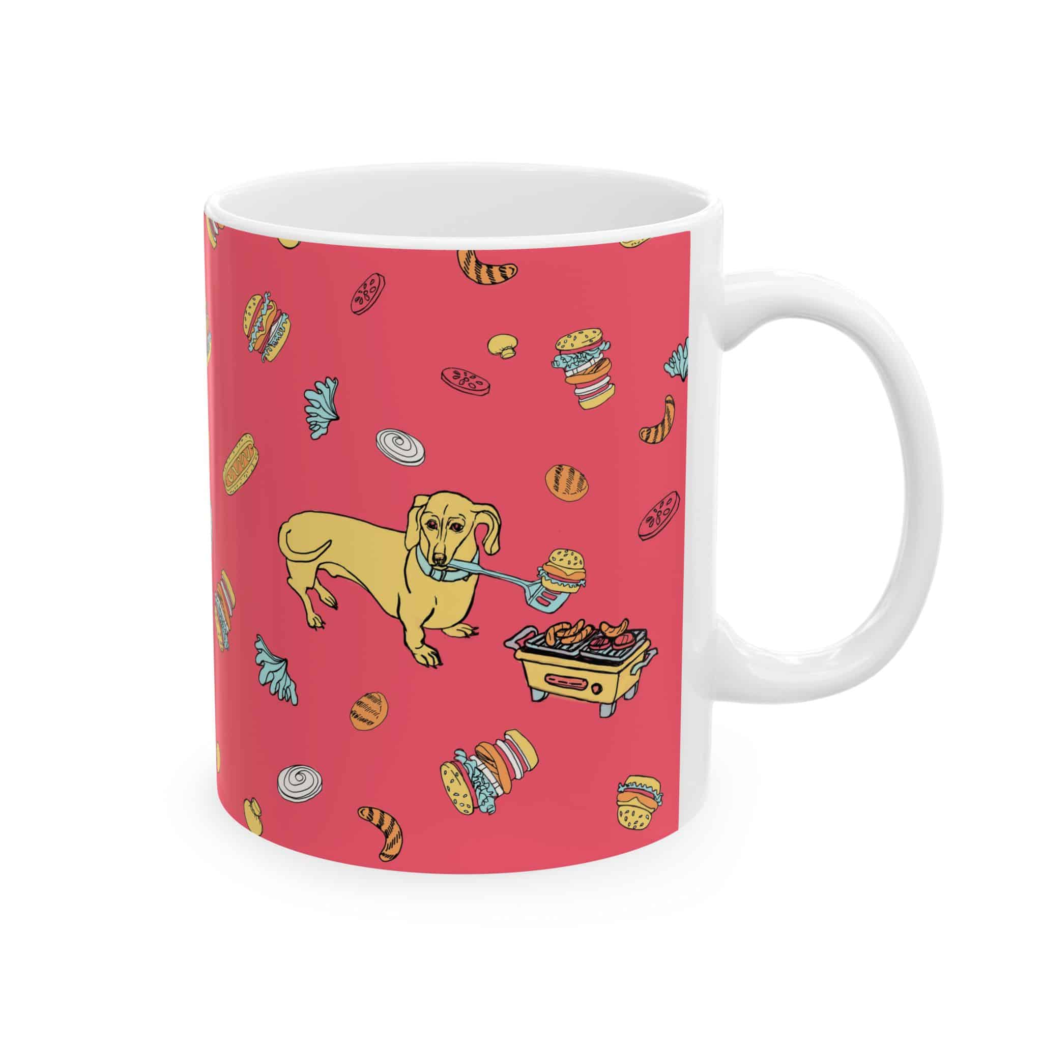Dachshund Cooking on Hibachi Pattern Ceramic Mug — Cute Burger & Hot Dog 11oz/15oz Coffee Cup - Image 2