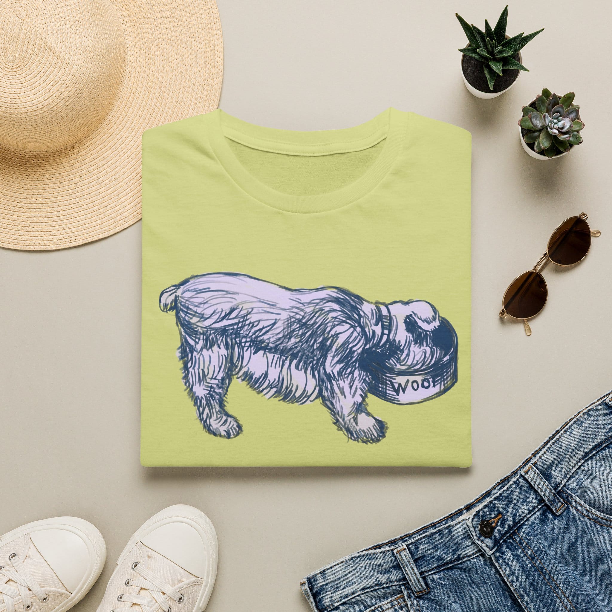 Quirky Vintage Pup Illustration T-Shirt — 'Woof' Dog Bowl Graphic - Image 7