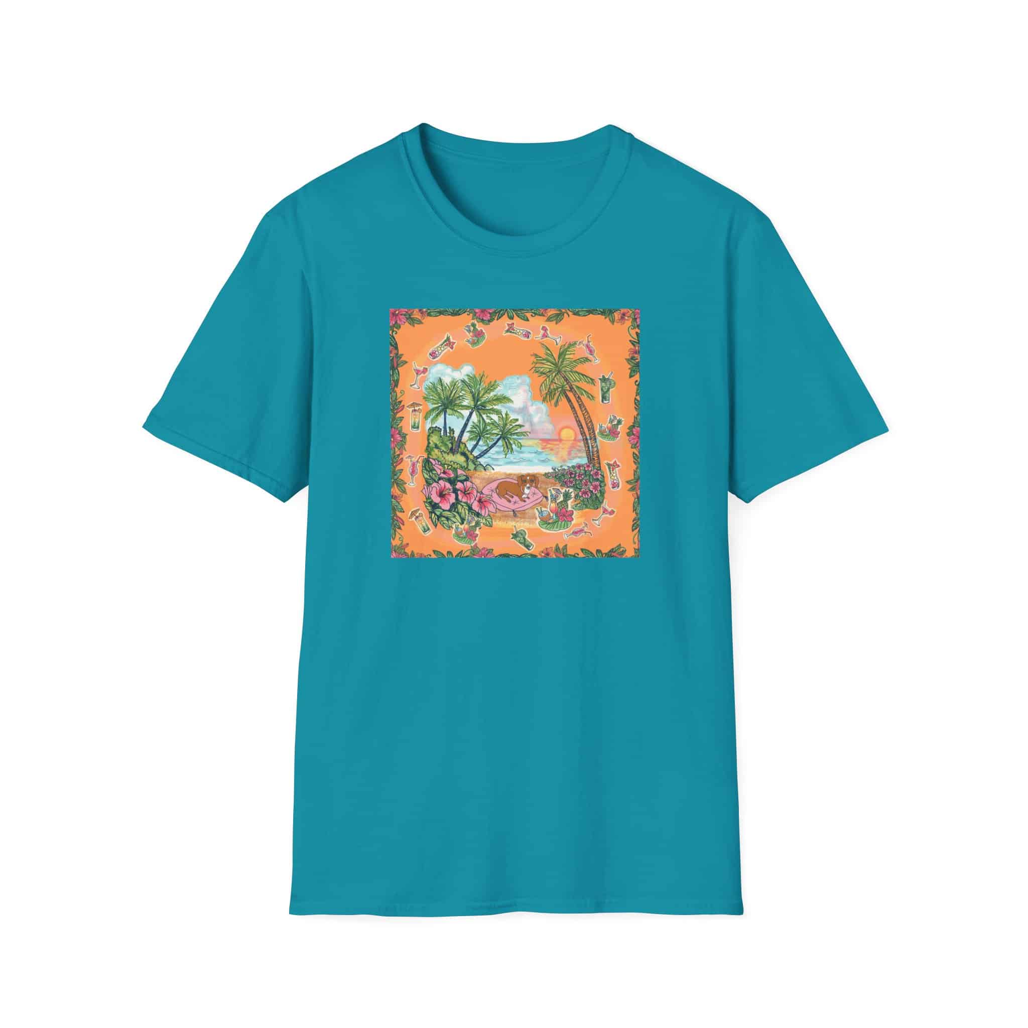 Girl Dachshund on a Tropical Sunset Beach T-Shirt — Vintage Beach Floral Graphic - Image 21