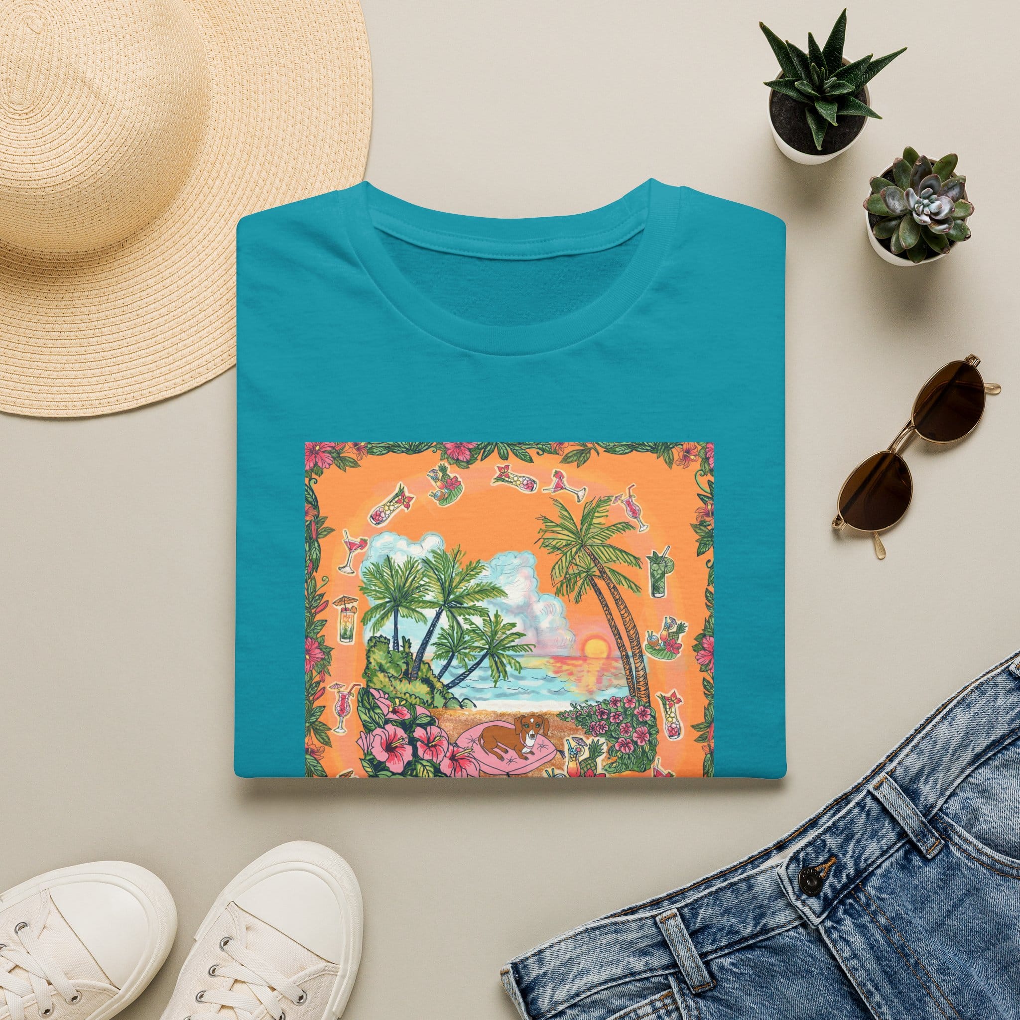 Girl Dachshund on a Tropical Sunset Beach T-Shirt — Vintage Beach Floral Graphic - Image 19