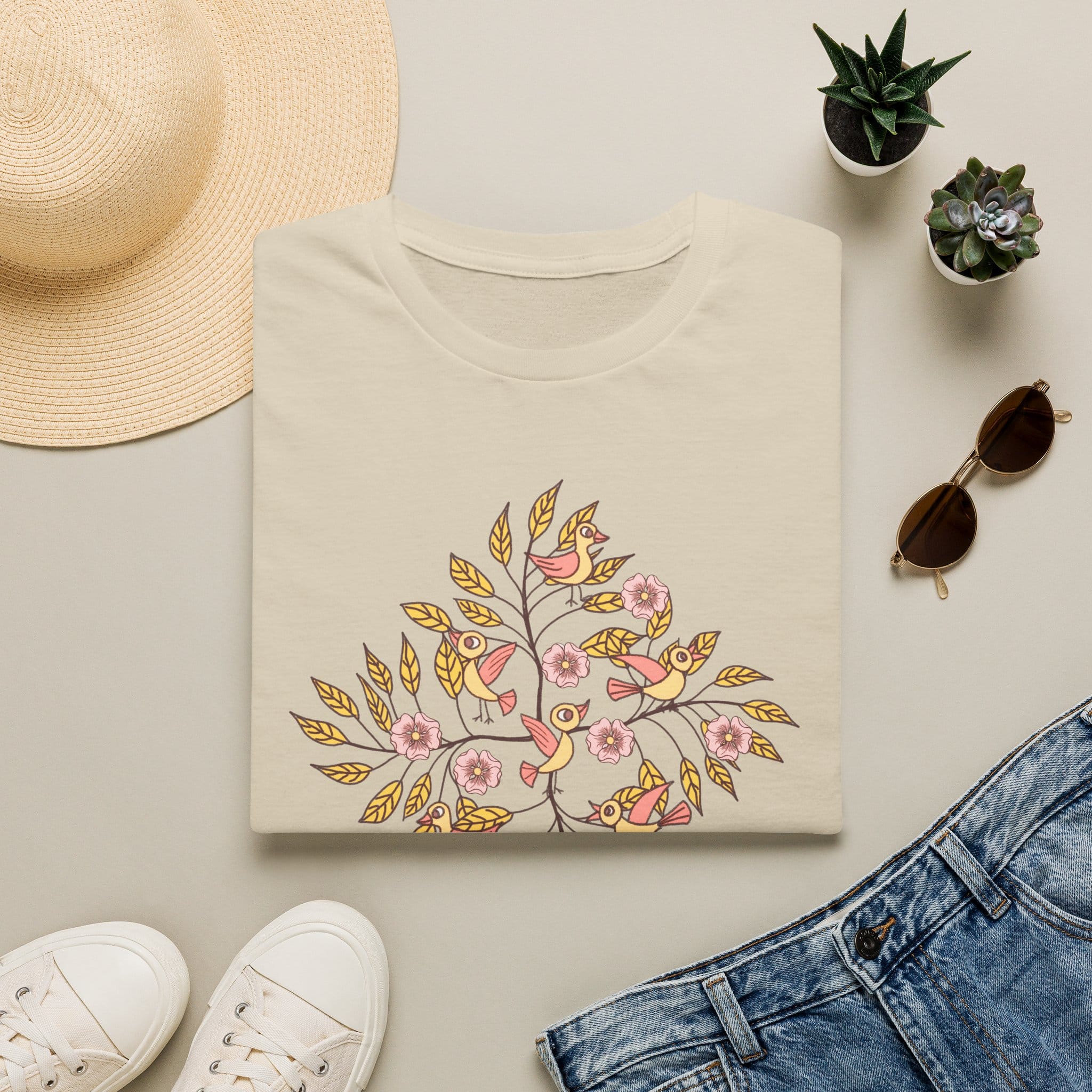 Floral Bird Tree T-Shirt — Boho Botanical Tee with Pink Blossoms