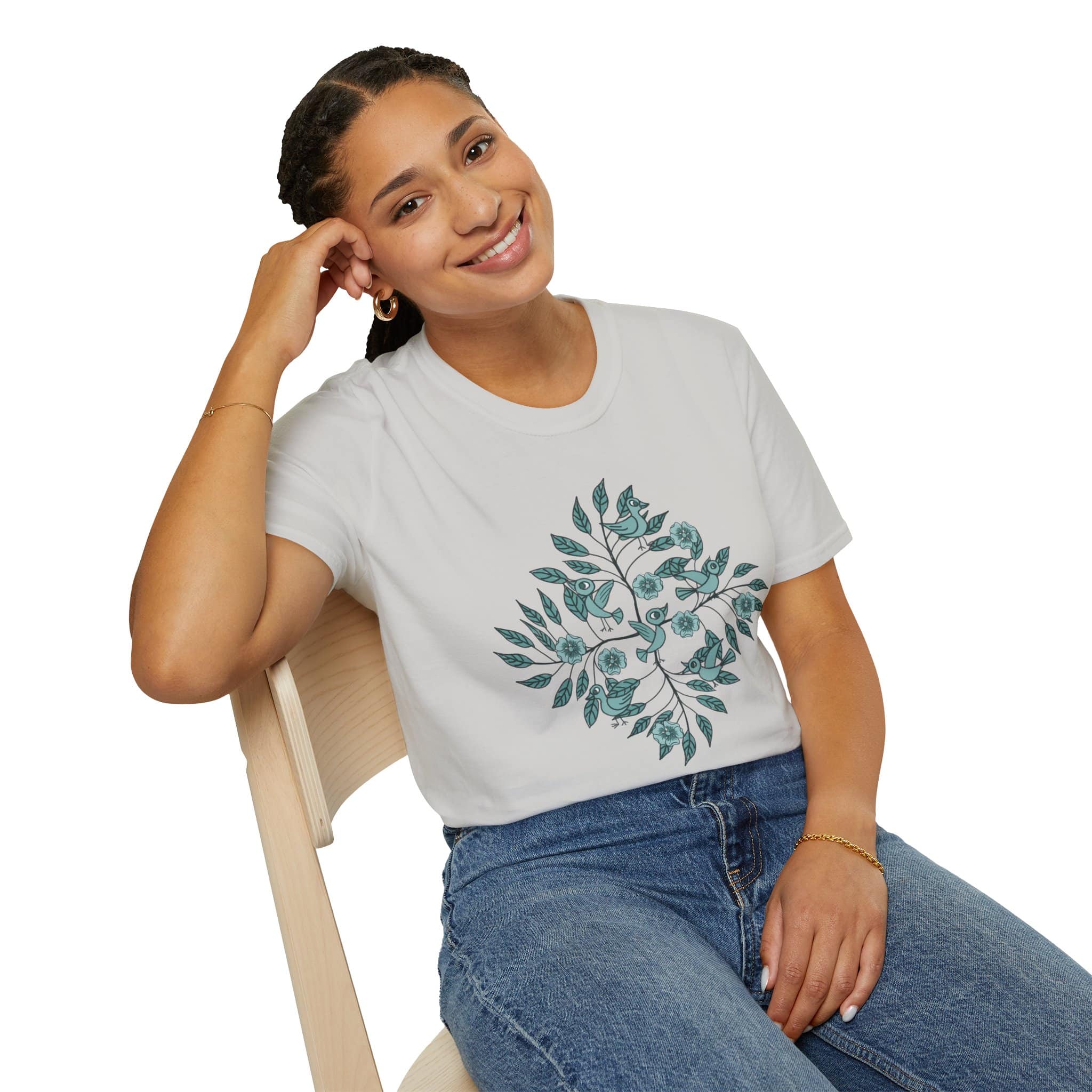 Botanical Bird Tee — Teal Floral Branch Graphic T-Shirt - Image 8