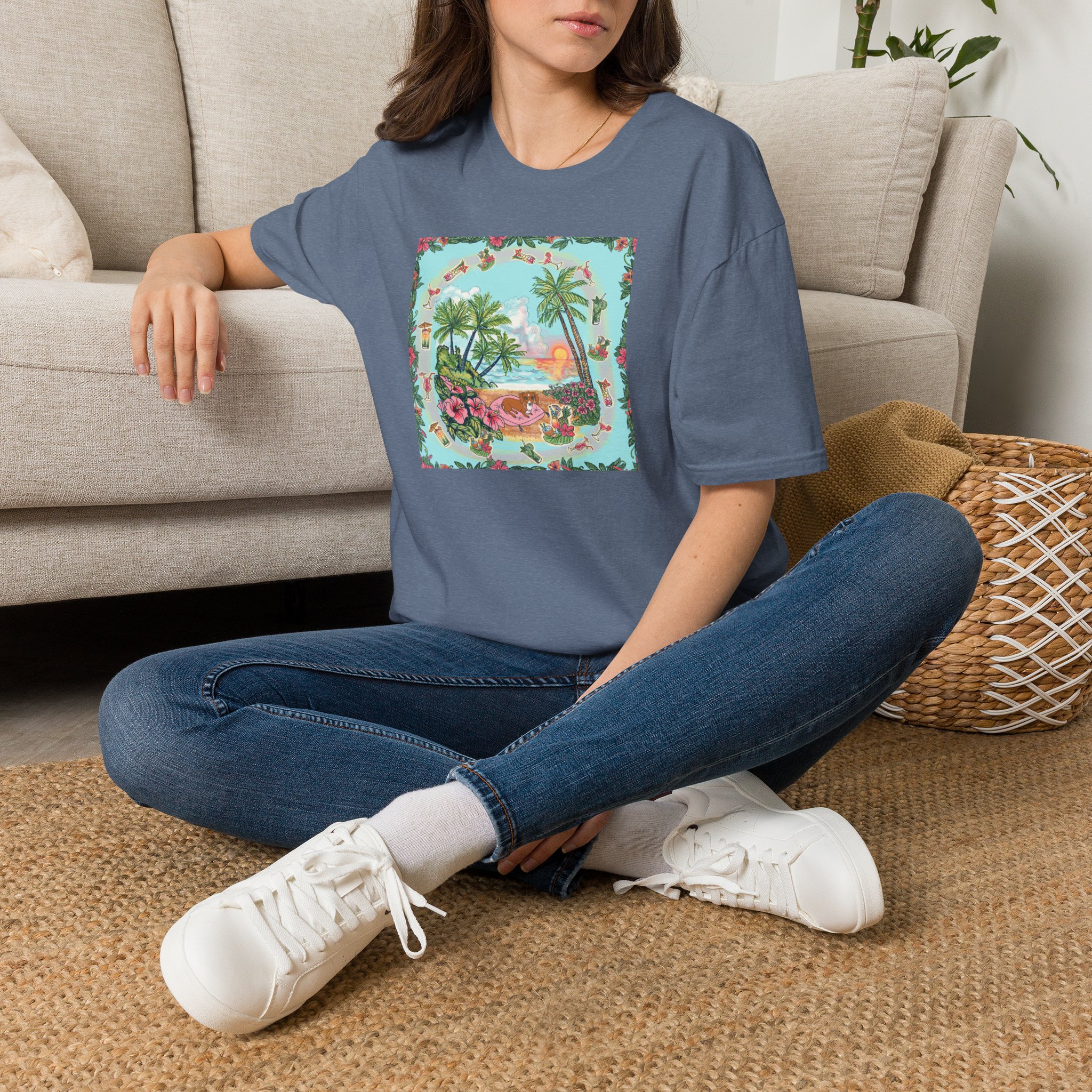 Dachshund on a Tropical Sunset Beach T-Shirt — Vintage Beach Floral Graphic - Image 38