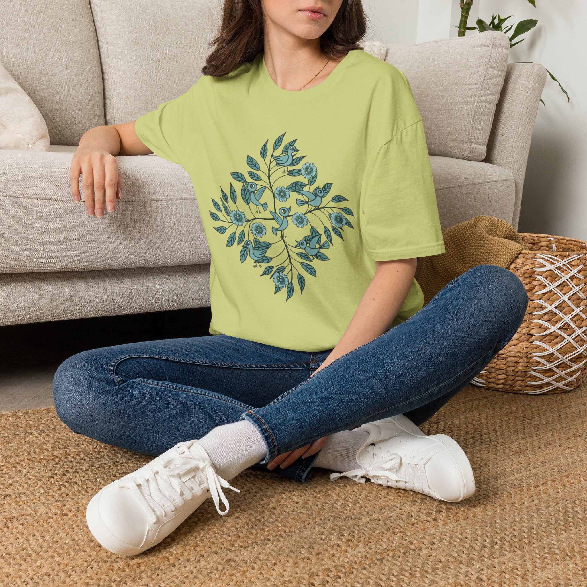 Botanical Bird Tee — Teal Floral Branch Graphic T-Shirt - Image 18