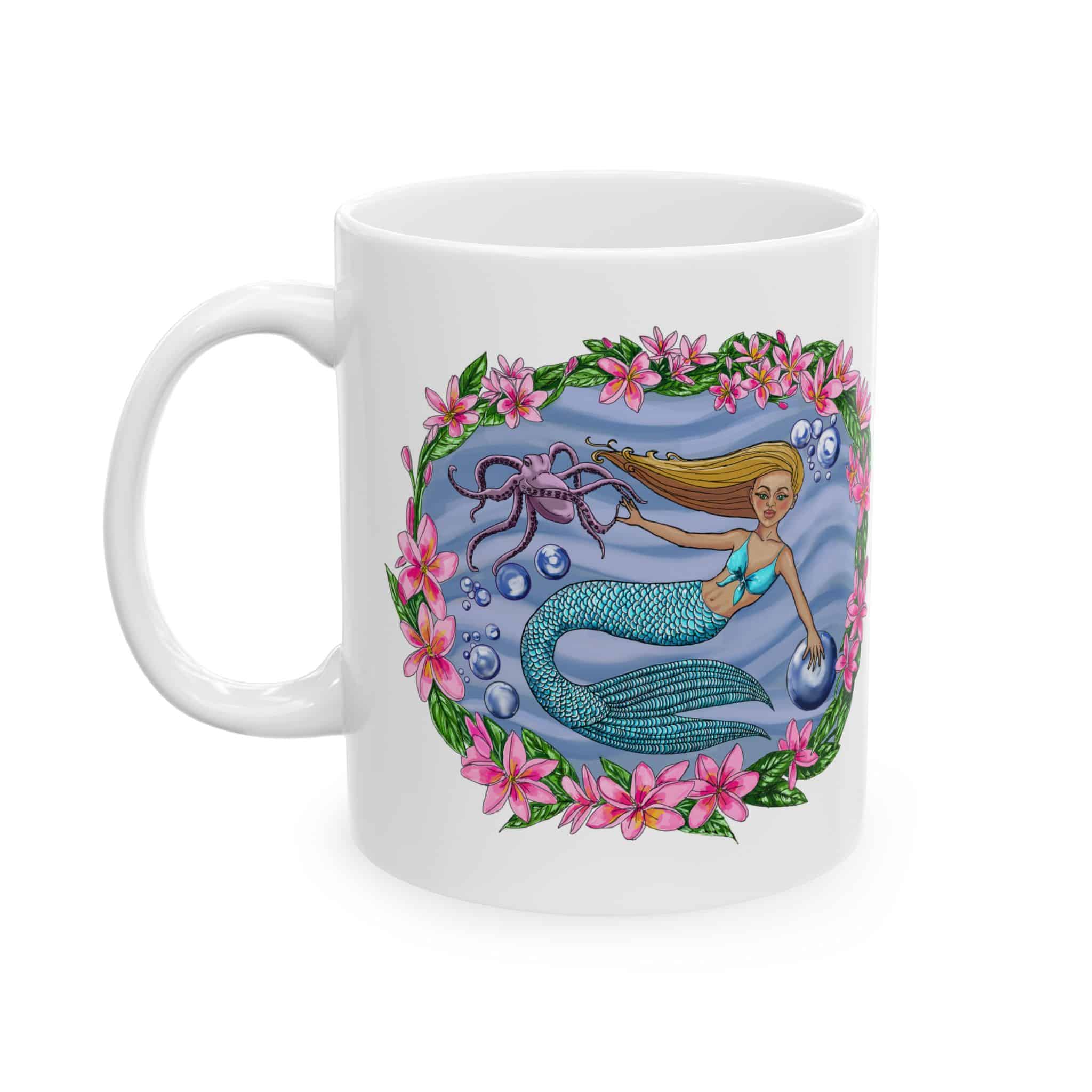 Mermaid with Octopus Friend Floral Ceramic Mug — Cute Ocean Mermaid Coffee Cup (11oz & 15oz)