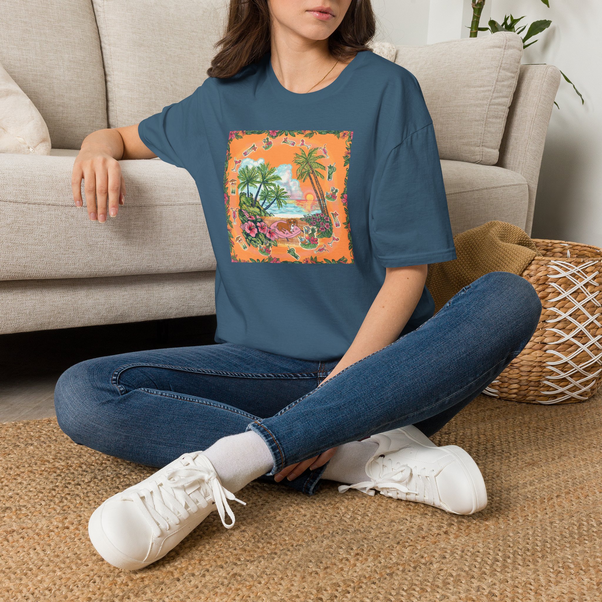 Girl Dachshund on a Tropical Sunset Beach T-Shirt — Vintage Beach Floral Graphic - Image 39